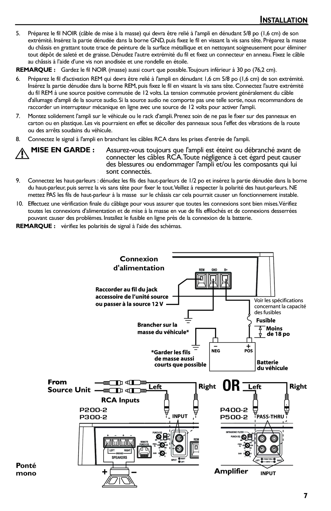 Rockford Fosgate p3002 manual Connexion Dalimentation, Ponté Mono 