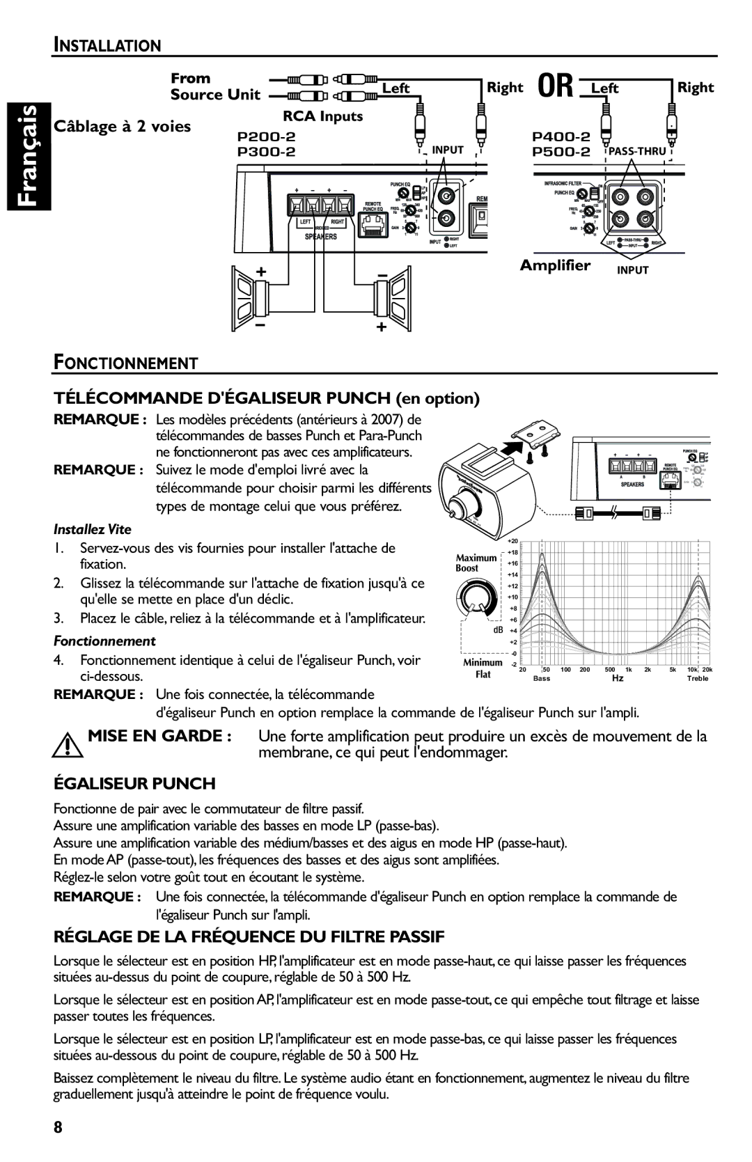 Rockford Fosgate p3002 manual Câblage à 2 voies, Fonctionnement, Télécommande Dégaliseur Punch en option, Égaliseur Punch 