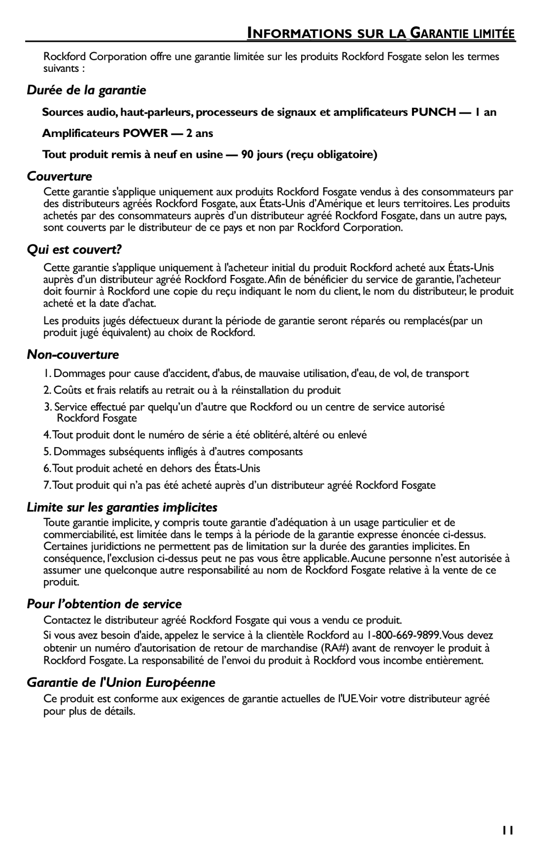 Rockford Fosgate p3002 manual Durée de la garantie, Informations SUR LA Garantie Limitée 