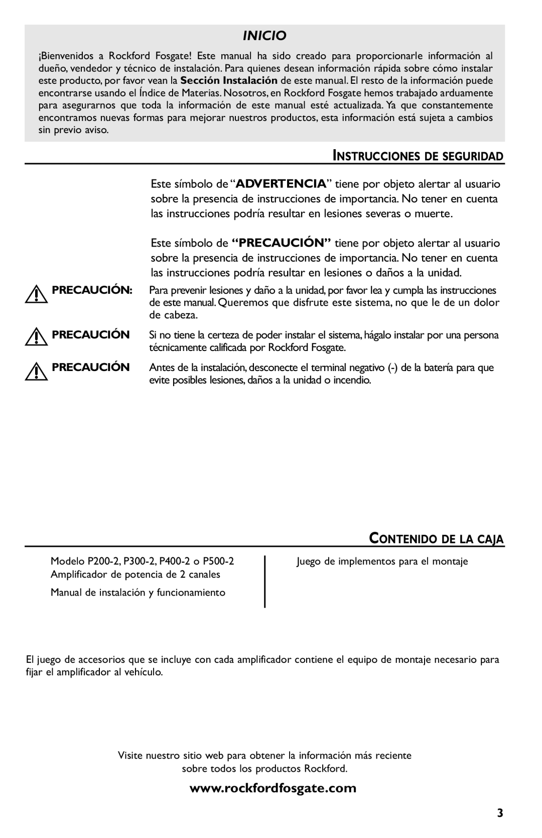 Rockford Fosgate p3002 manual Instrucciones DE Seguridad, Contenido DE LA Caja 