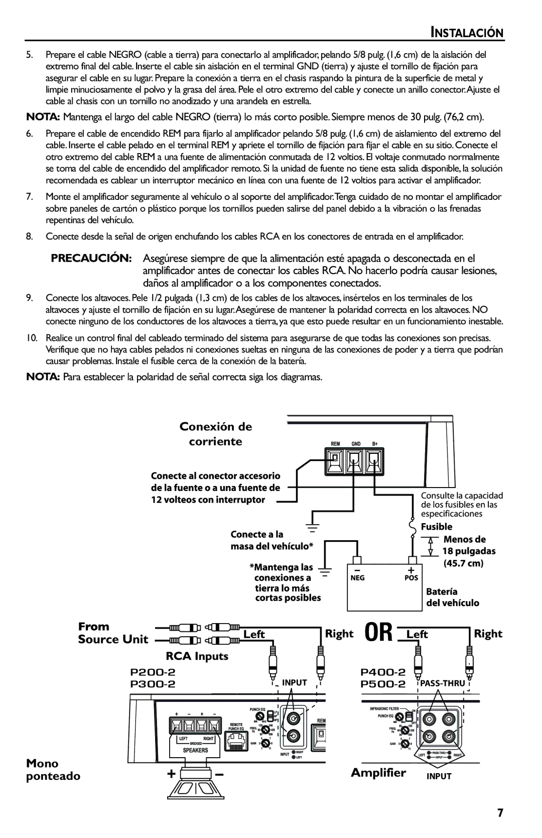 Rockford Fosgate p3002 manual Instalación, Conexión de Corriente, Mono Ponteado 