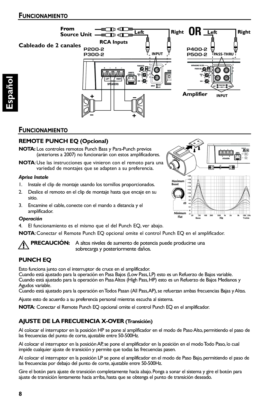 Rockford Fosgate p3002 manual Funcionamiento, Cableado de 2 canales, Remote Punch EQ Opcional, Aprisa Instale 