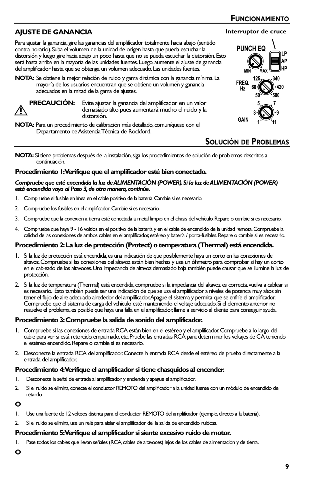 Rockford Fosgate p3002 manual Funcionamiento Ajuste DE Ganancia, Solución DE Problemas, Crossover Switch 