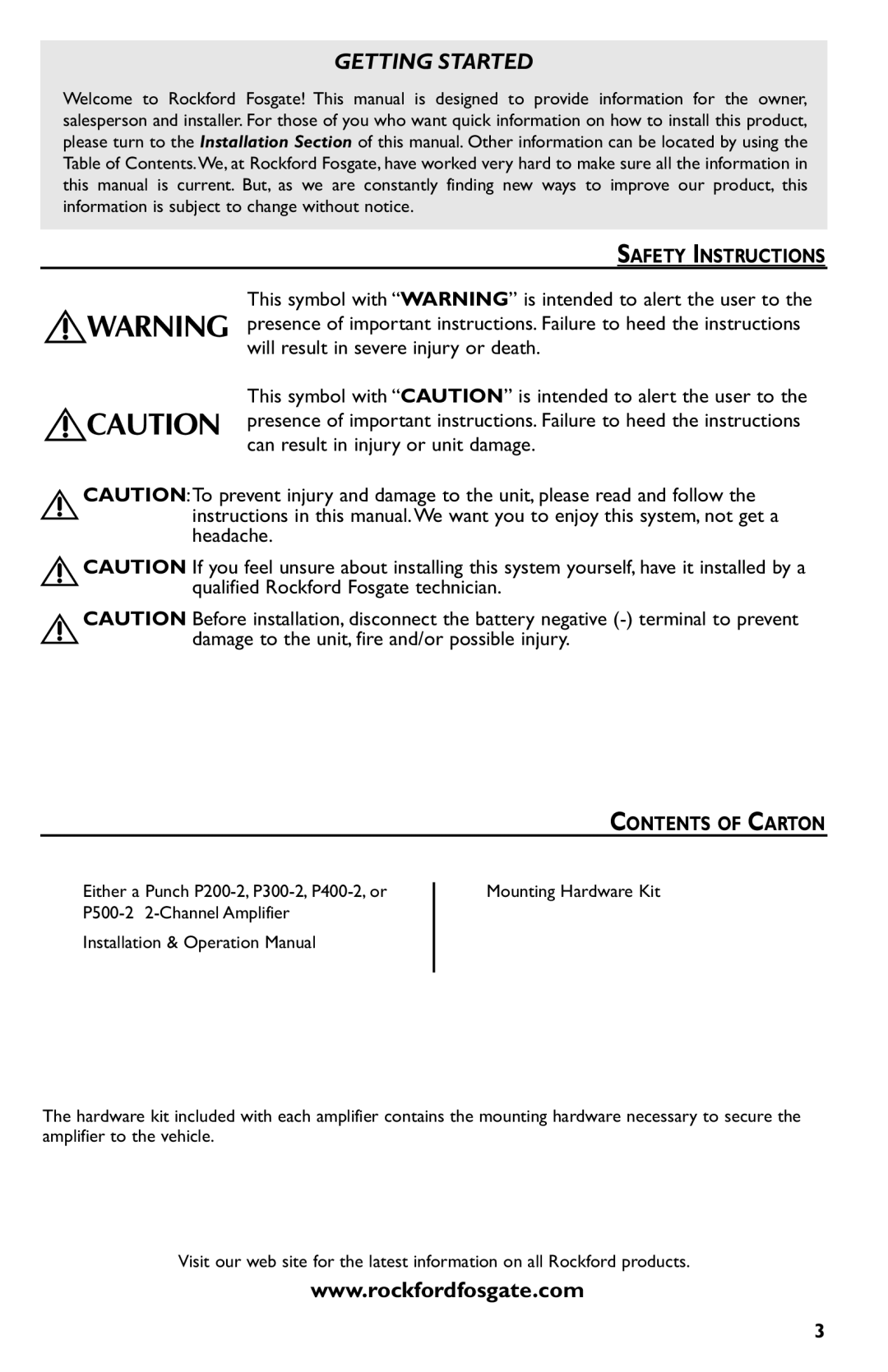 Rockford Fosgate p3002 manual Safety Instructions, Contents of Carton 