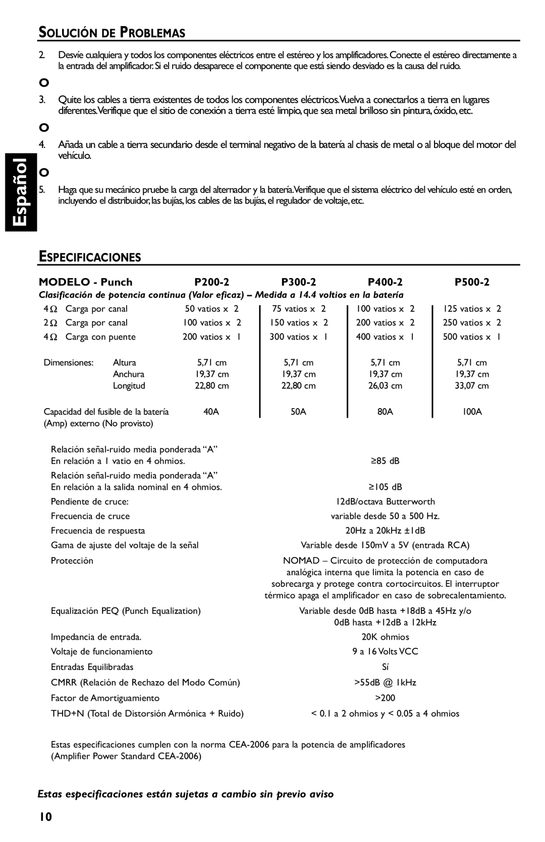 Rockford Fosgate p3002 manual Especificaciones, Modelo Punch P200-2 P300-2 P400-2 