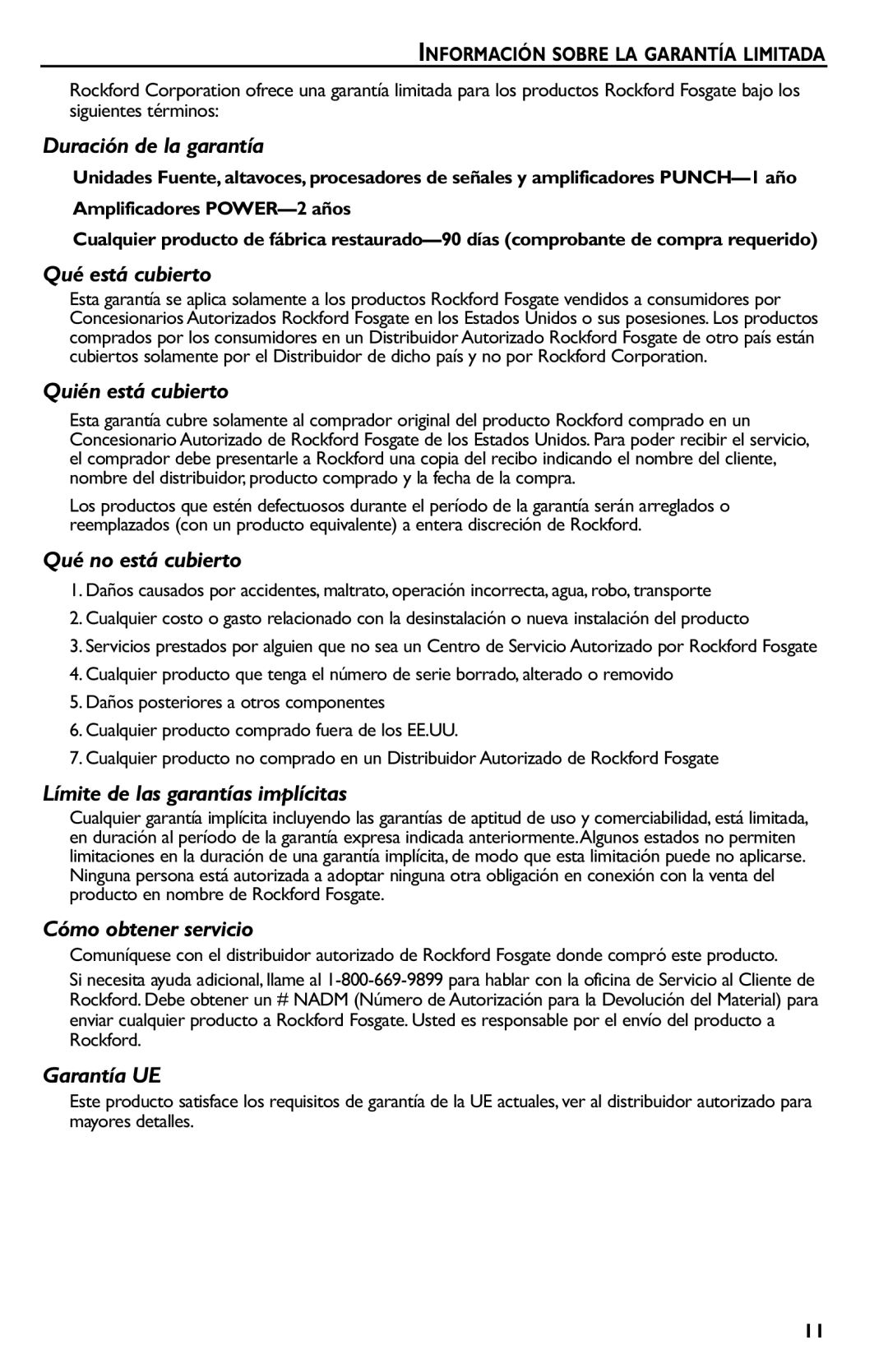 Rockford Fosgate p3002 manual Duración de la garantía, Información Sobre LA Garantía Limitada 