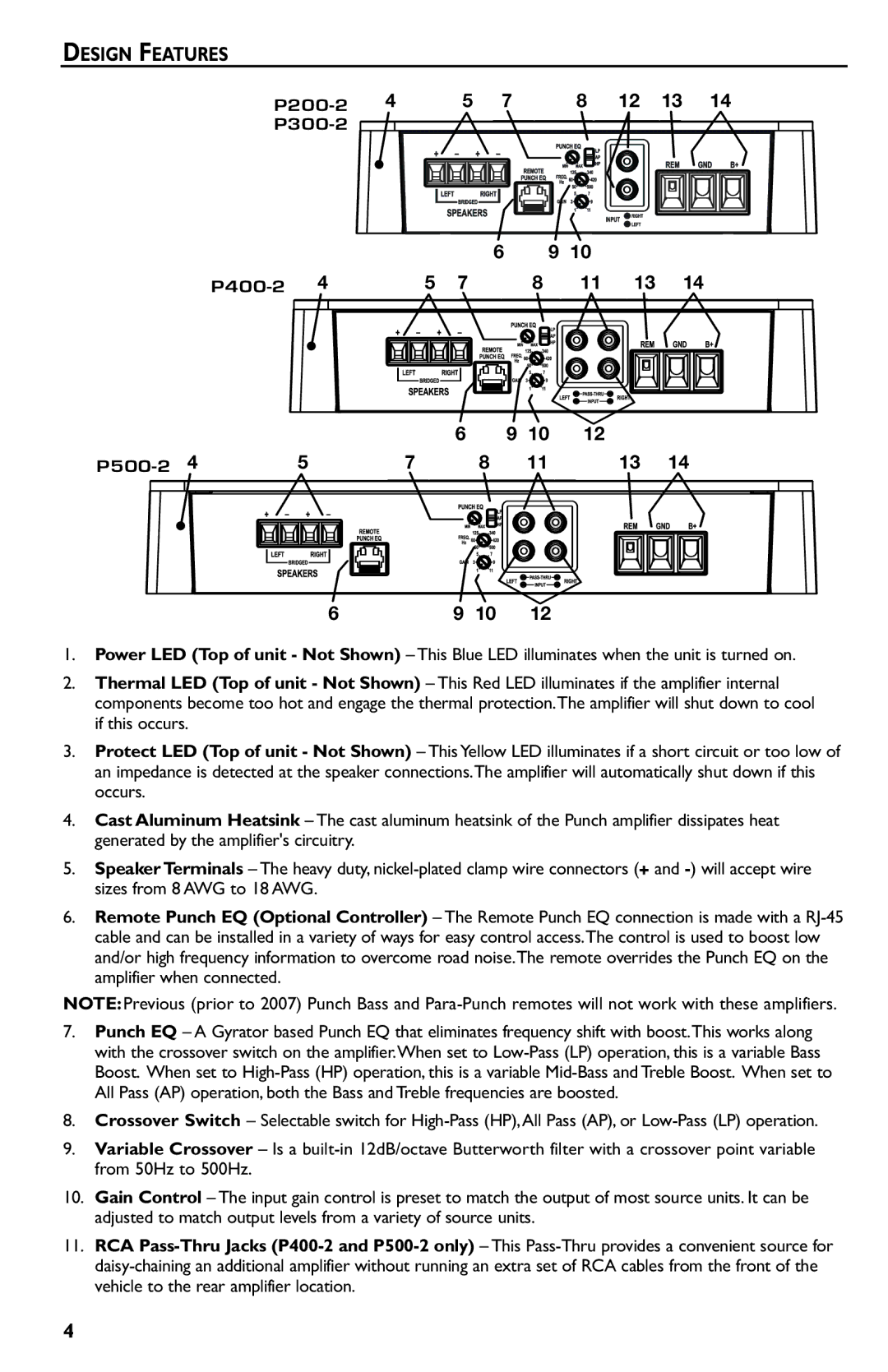 Rockford Fosgate p3002 manual Design Features, 12 13, 11 13 