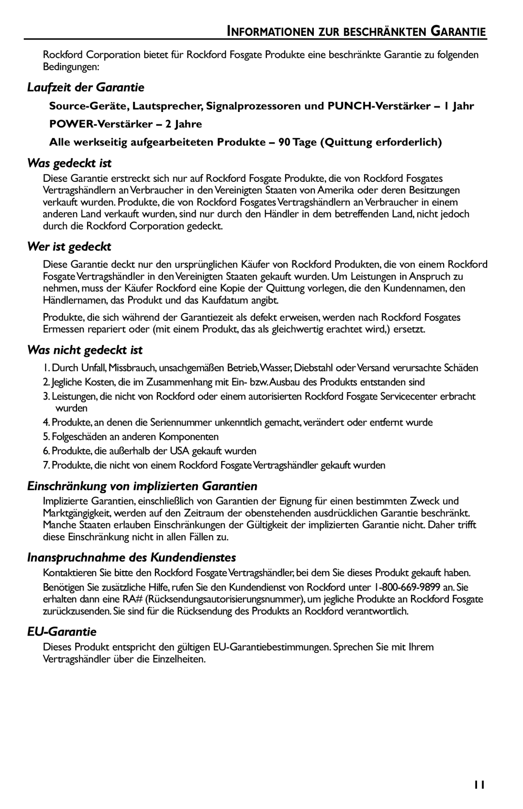 Rockford Fosgate p3002 manual Laufzeit der Garantie, Informationen ZUR Beschränkten Garantie 