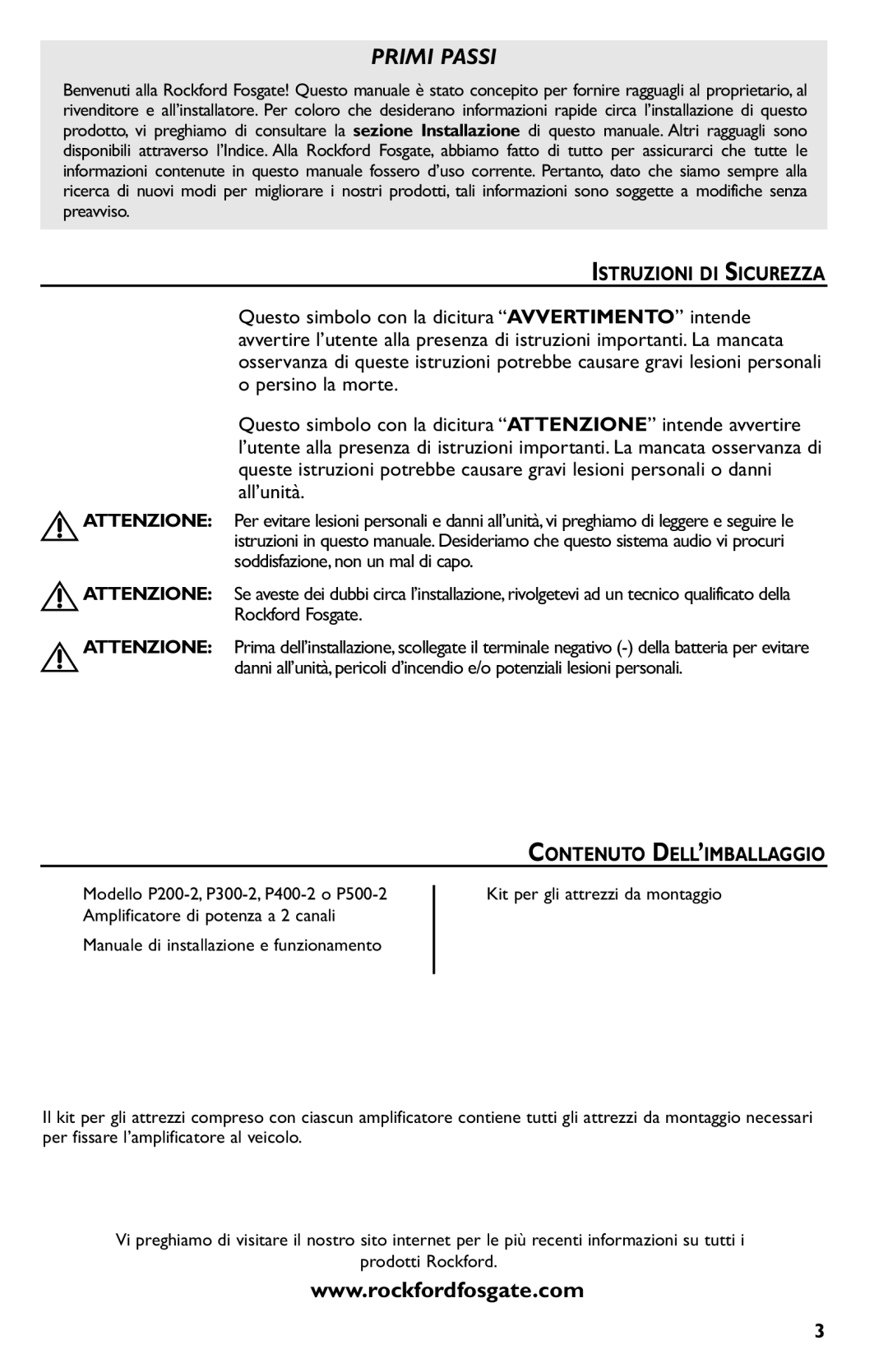 Rockford Fosgate p3002 manual Istruzioni DI Sicurezza, Contenuto DELL’IMBALLAGGIO 