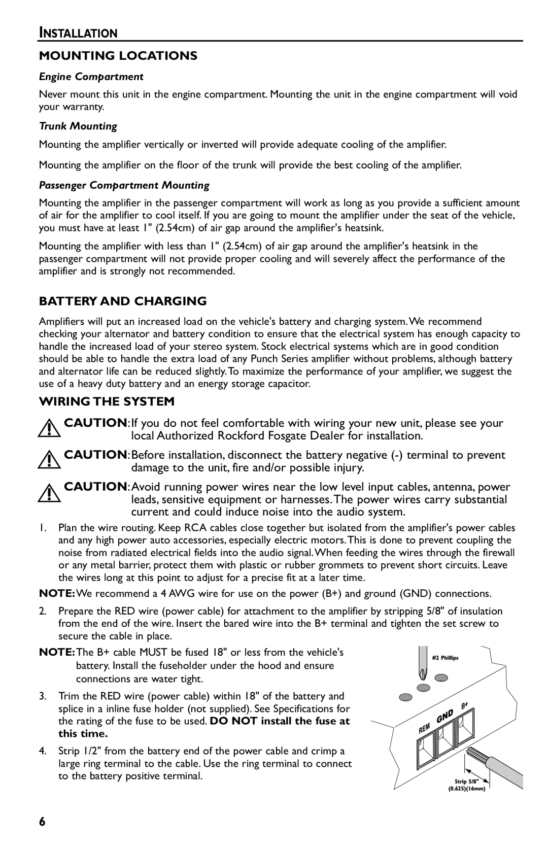 Rockford Fosgate p3002 manual Installation Mounting Locations, Battery and Charging, Wiring the System 