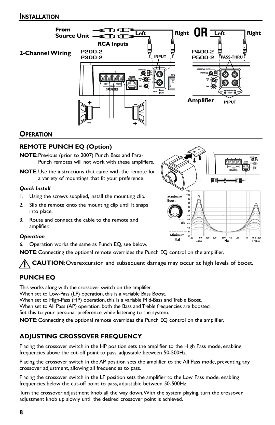 Rockford Fosgate p3002 manual Channel Wiring P200-2, Operation, Remote Punch EQ Option, Adjusting Crossover Frequency 