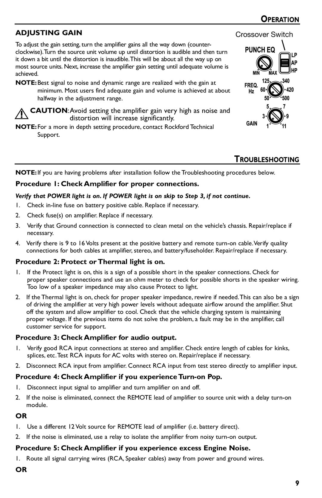 Rockford Fosgate p3002 manual Operation Adjusting Gain, Troubleshooting 