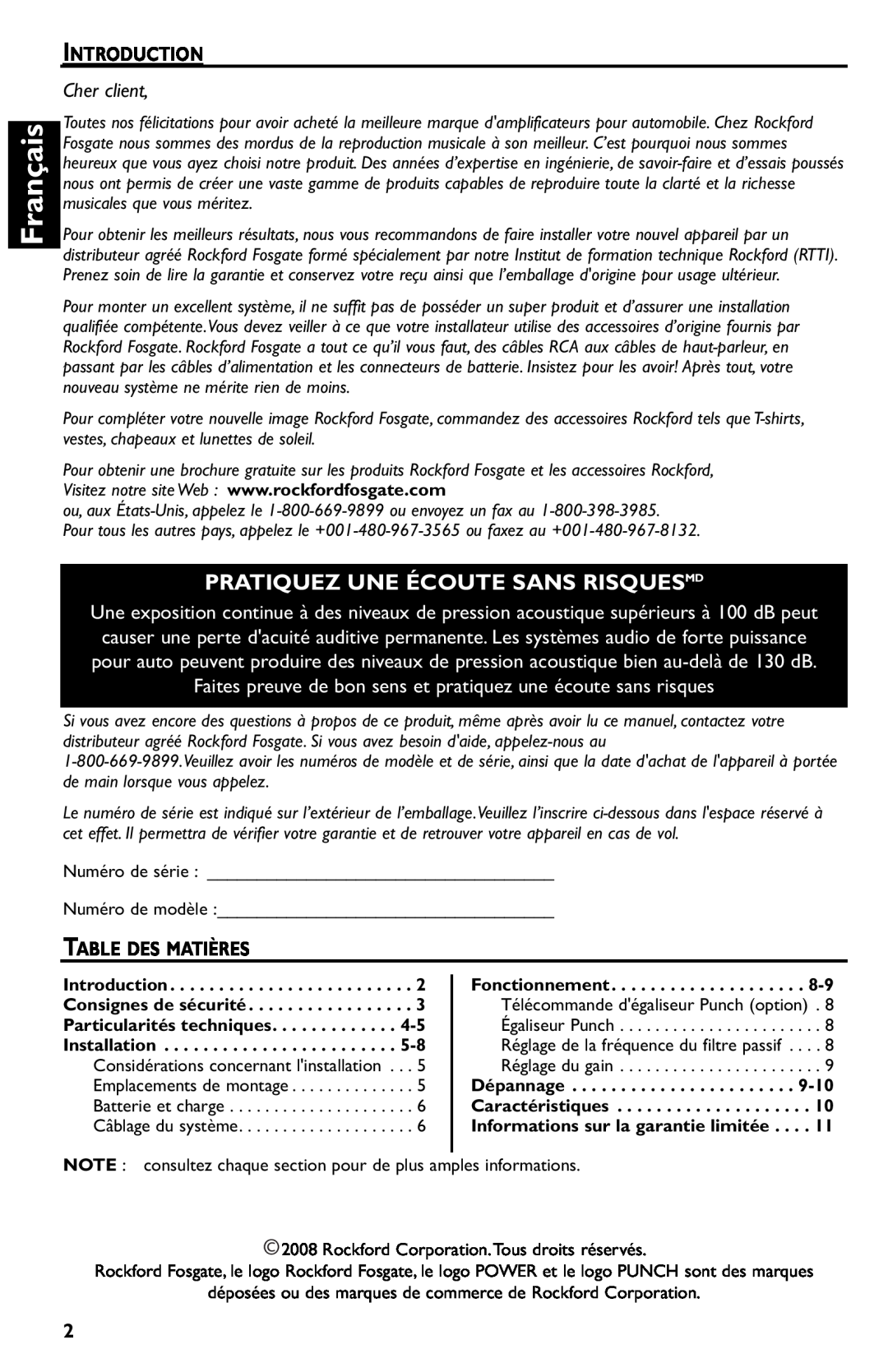 Rockford Fosgate p3002 manual Français, Pratiquez Une Écoute Sans Risquesmd, Introduction, Cher client, Table Des Matières 