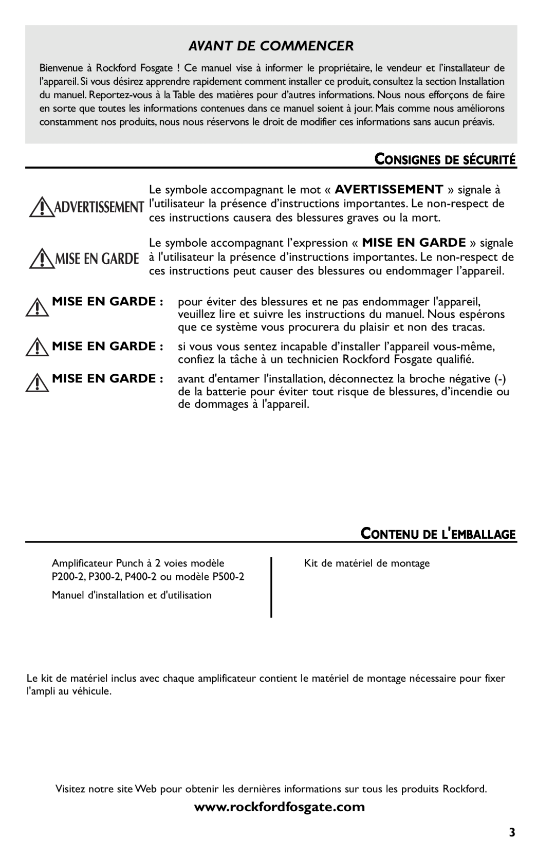 Rockford Fosgate p3002 manual Avant De Commencer, Consignes De Sécurité, Contenu De Lemballage 