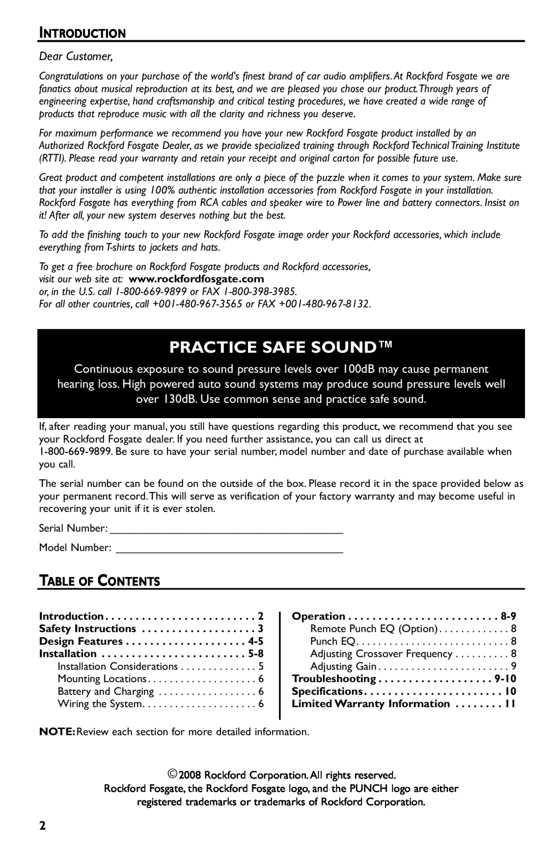 Rockford Fosgate p3002 manual Practice Safe Sound, Introduction, Table Of Contents 