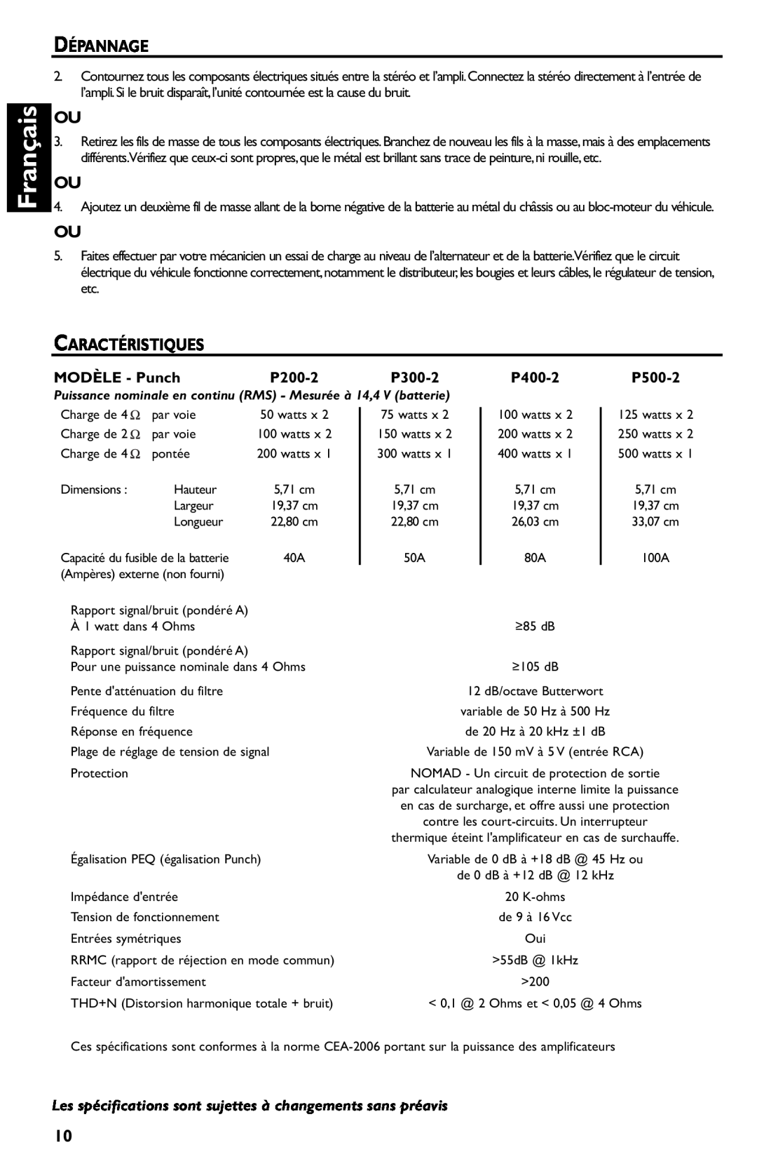 Rockford Fosgate p3002 manual Français, Dépannage, Caractéristiques, MODÈLE - Punch, P200-2, P300-2, P400-2, P500-2 