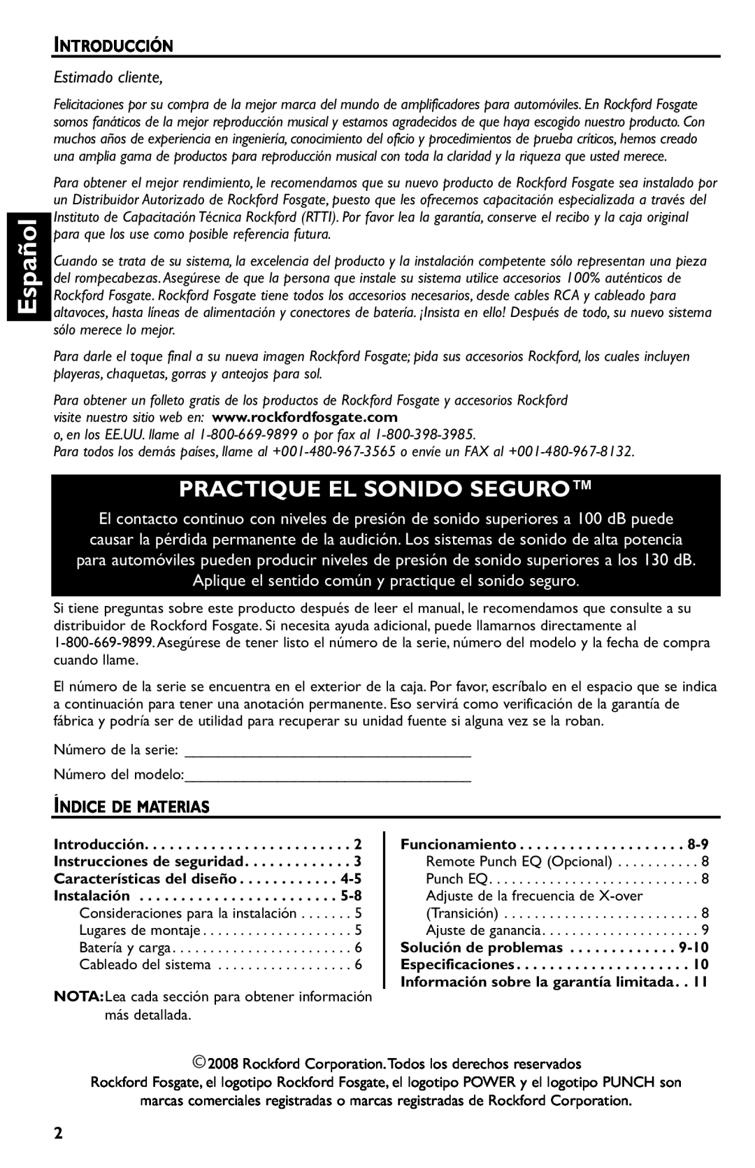 Rockford Fosgate p3002 manual Español, Practique El Sonido Seguro, Introducción, Estimado cliente, Índice De Materias 