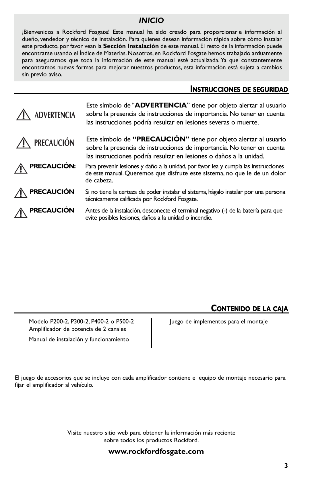 Rockford Fosgate p3002 manual Inicio, Instrucciones De Seguridad, Contenido De La Caja 