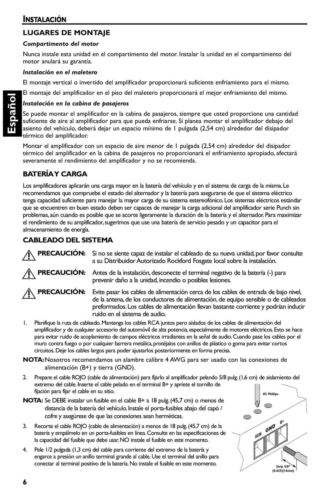 Rockford Fosgate p3002 manual Español, Instalación Lugares De Montaje, Bateríay Carga, Cableado Del Sistema 