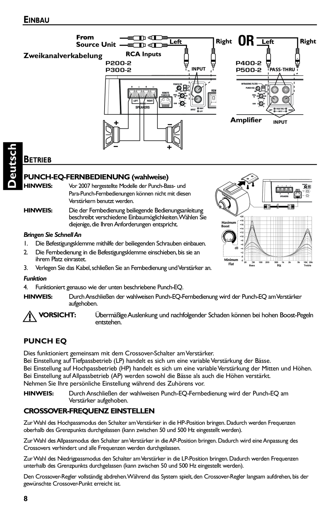 Rockford Fosgate p3002 manual Deutsch, Einbau, Zweikanalverkabelung, PUNCH-EQ-FERNBEDIENUNGwahlweise, Punch Eq, Funktion 