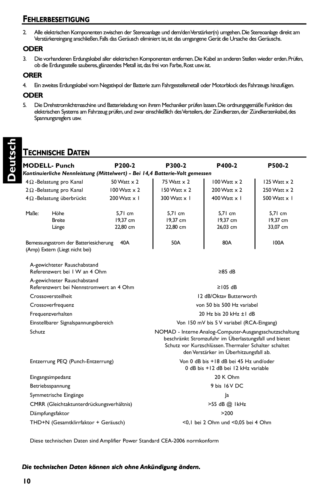 Rockford Fosgate p3002 manual Deutsch, Fehlerbeseitigung, Oder, Orer, Technische Daten, P500-2 