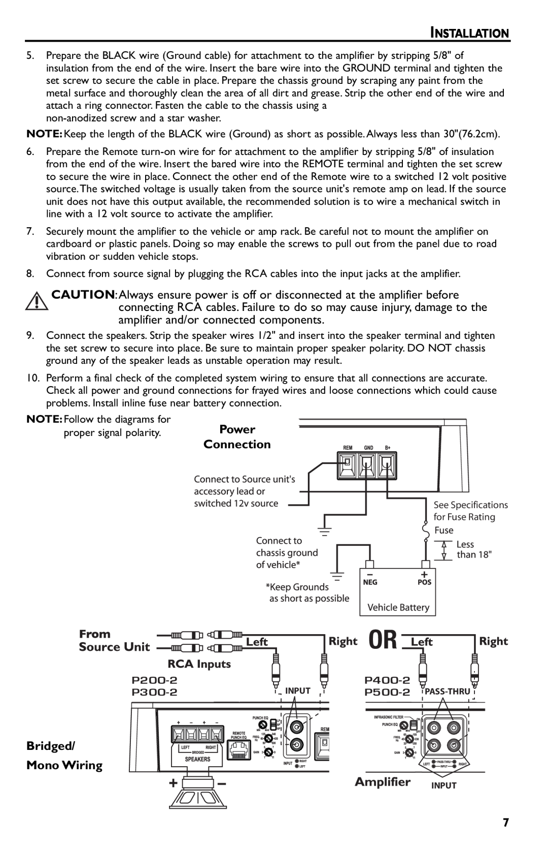 Rockford Fosgate p3002 manual Installation, Connection, Bridged Mono Wiring 