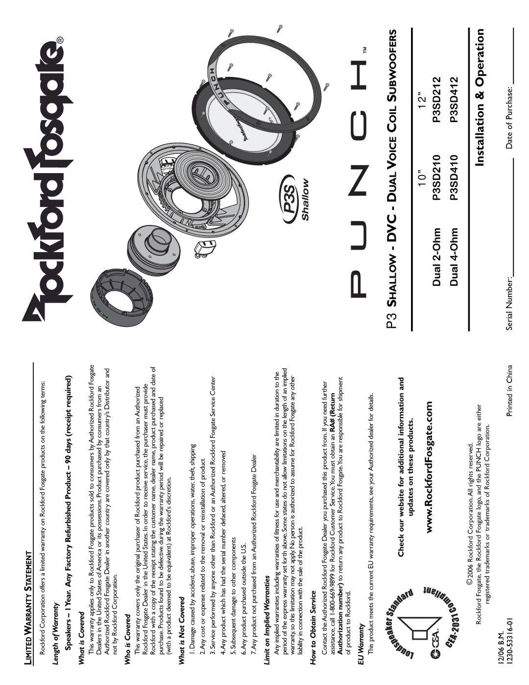 Rockford Fosgate P3S warranty Installation & Operation, Dual 2-Ohm, Dual 4-Ohm 