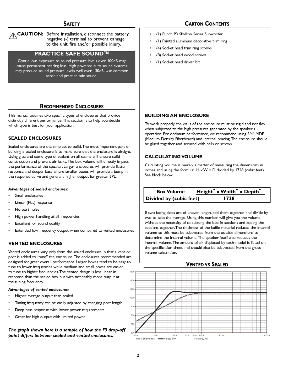 Rockford Fosgate P3S warranty Safety, Recommended Enclosures, Carton Contents, Vented VS Sealed 