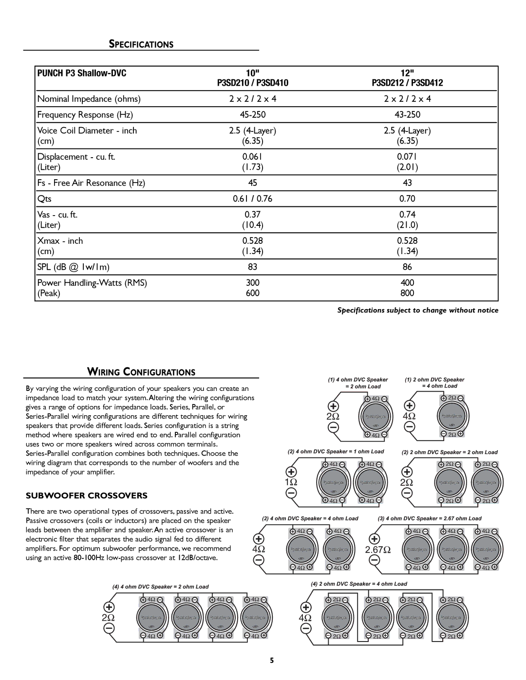 Rockford Fosgate P3S warranty Specifications, Wiring Configurations, Subwoofer Crossovers 