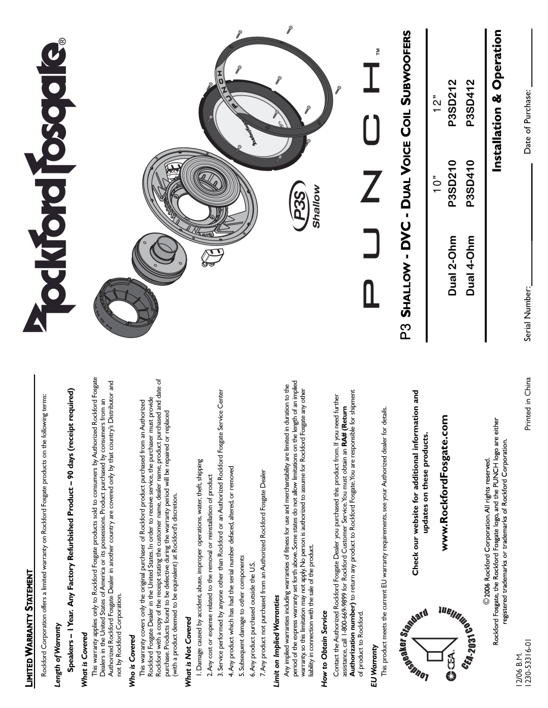 Rockford Fosgate warranty Installation & Operation, P3 SHALLOW - DVC - DUAL VOICE COIL SUBWOOFERS, P3SD210, P3SD212 