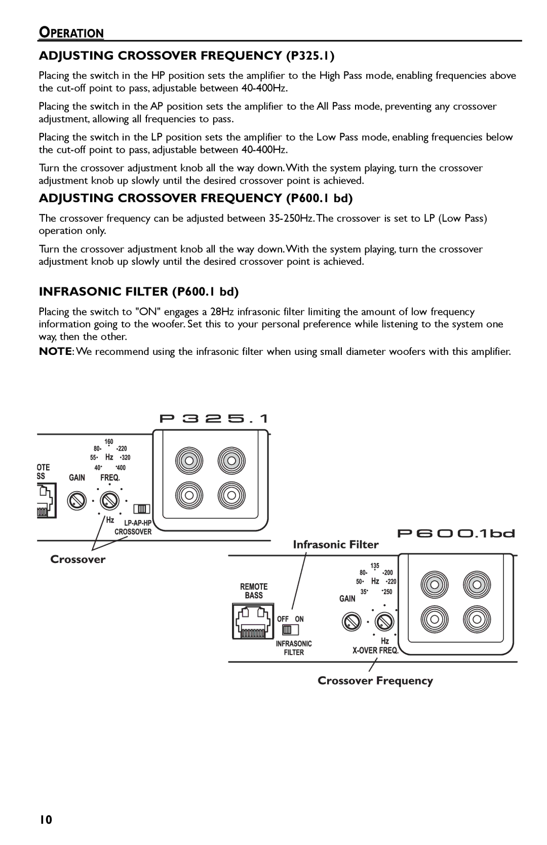 Rockford Fosgate P600..I bd manual Operation Adjusting Crossover Frequency P325.1, Adjusting Crossover Frequency P600.1 bd 