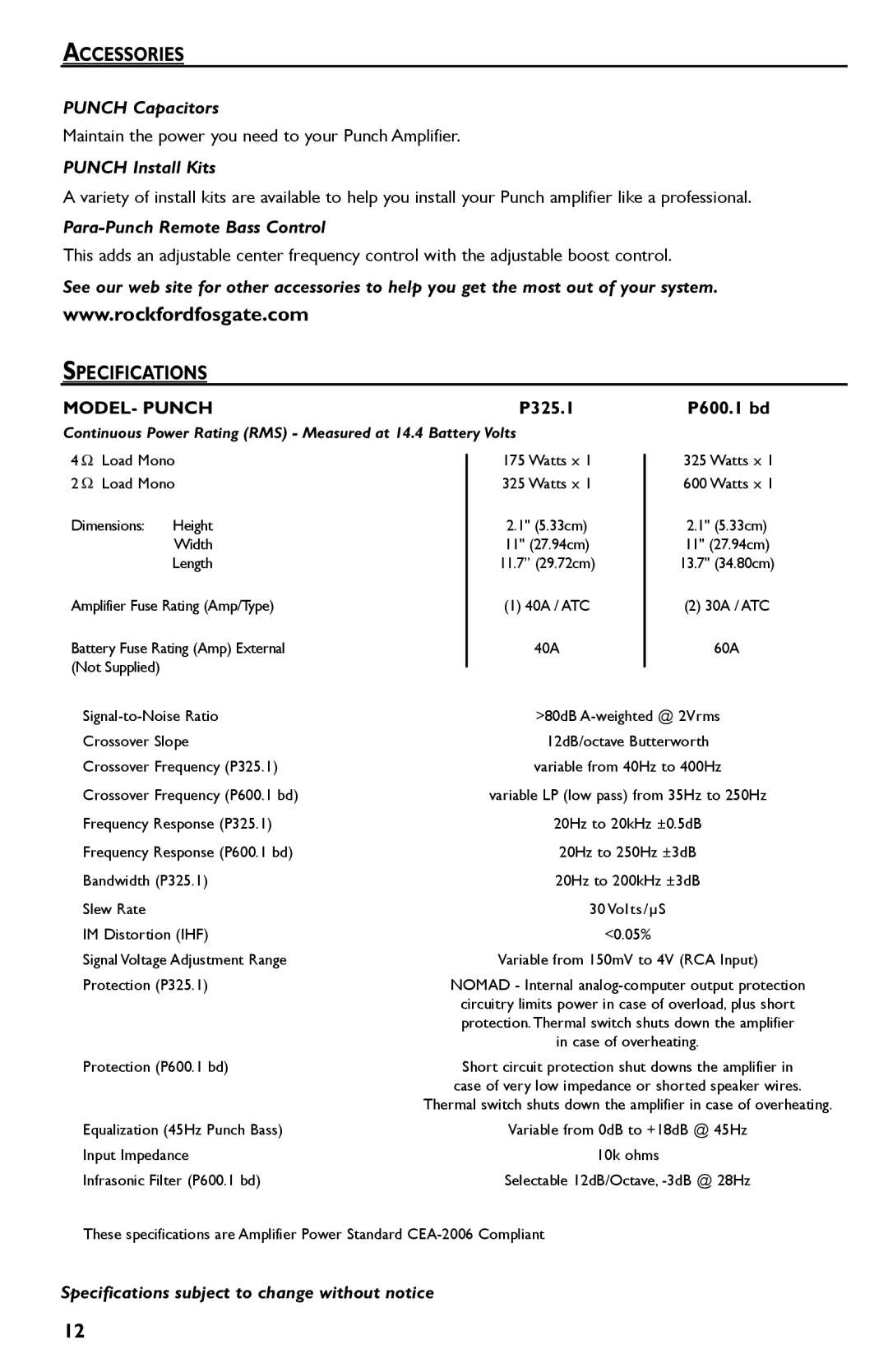 Rockford Fosgate P600..I bd, P325.I manual Accessories, Specifications 