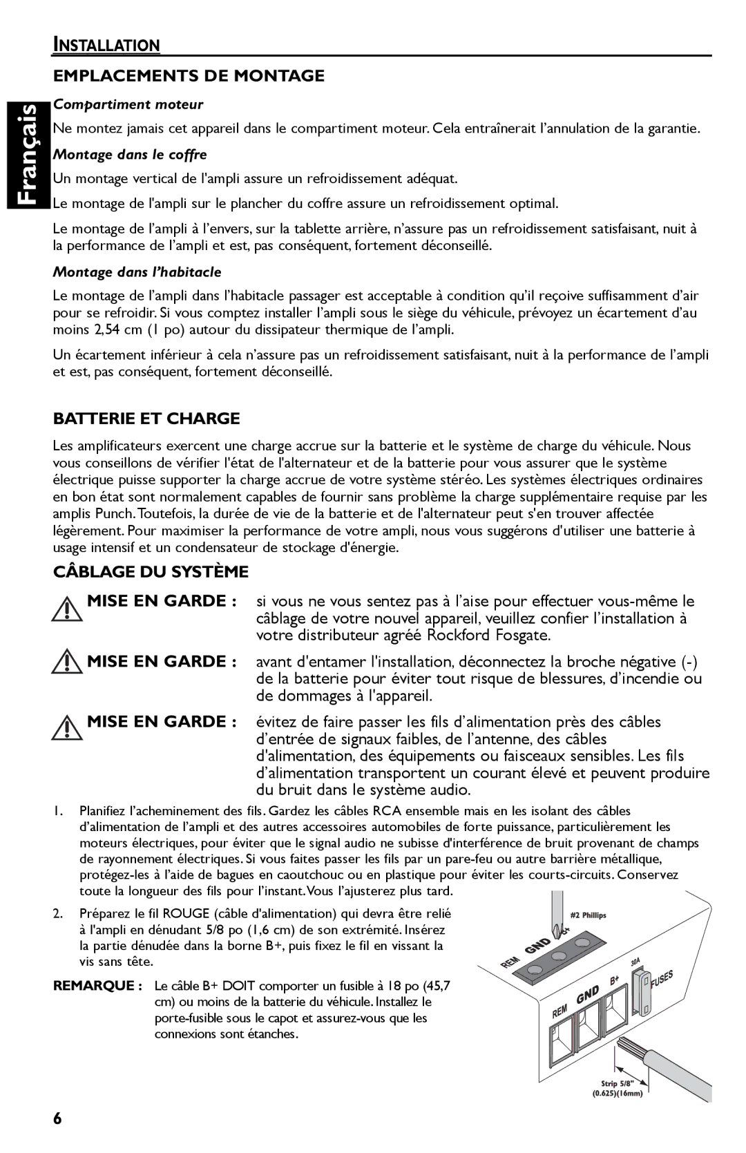 Rockford Fosgate P600..I bd, P325.I manual Installation Emplacements DE Montage, Batterie ET Charge, Câblage DU Système 