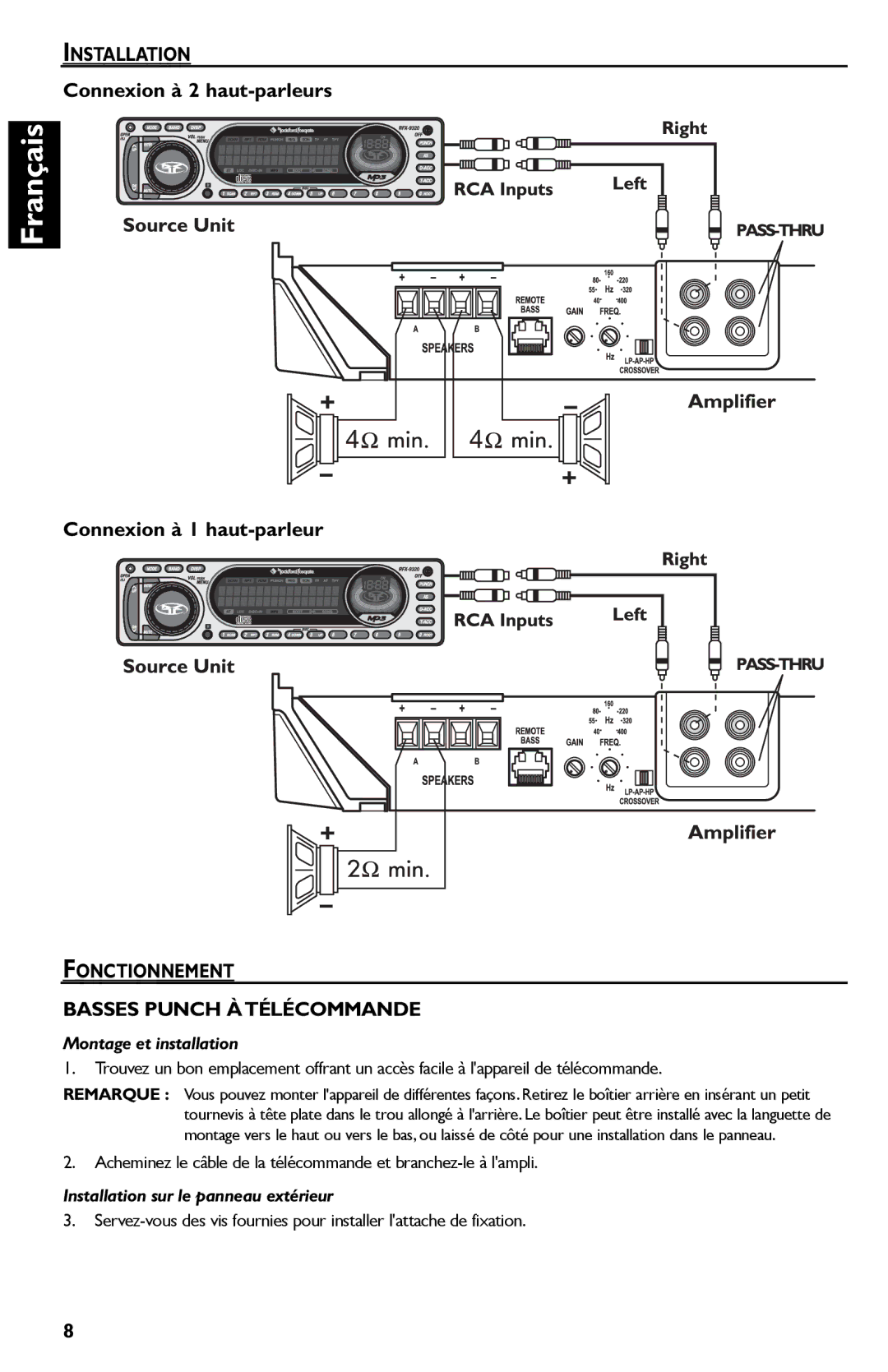 Rockford Fosgate P600..I bd, P325.I manual Connexion à 2 haut-parleurs, Connexion à 1 haut-parleur, Montage et installation 