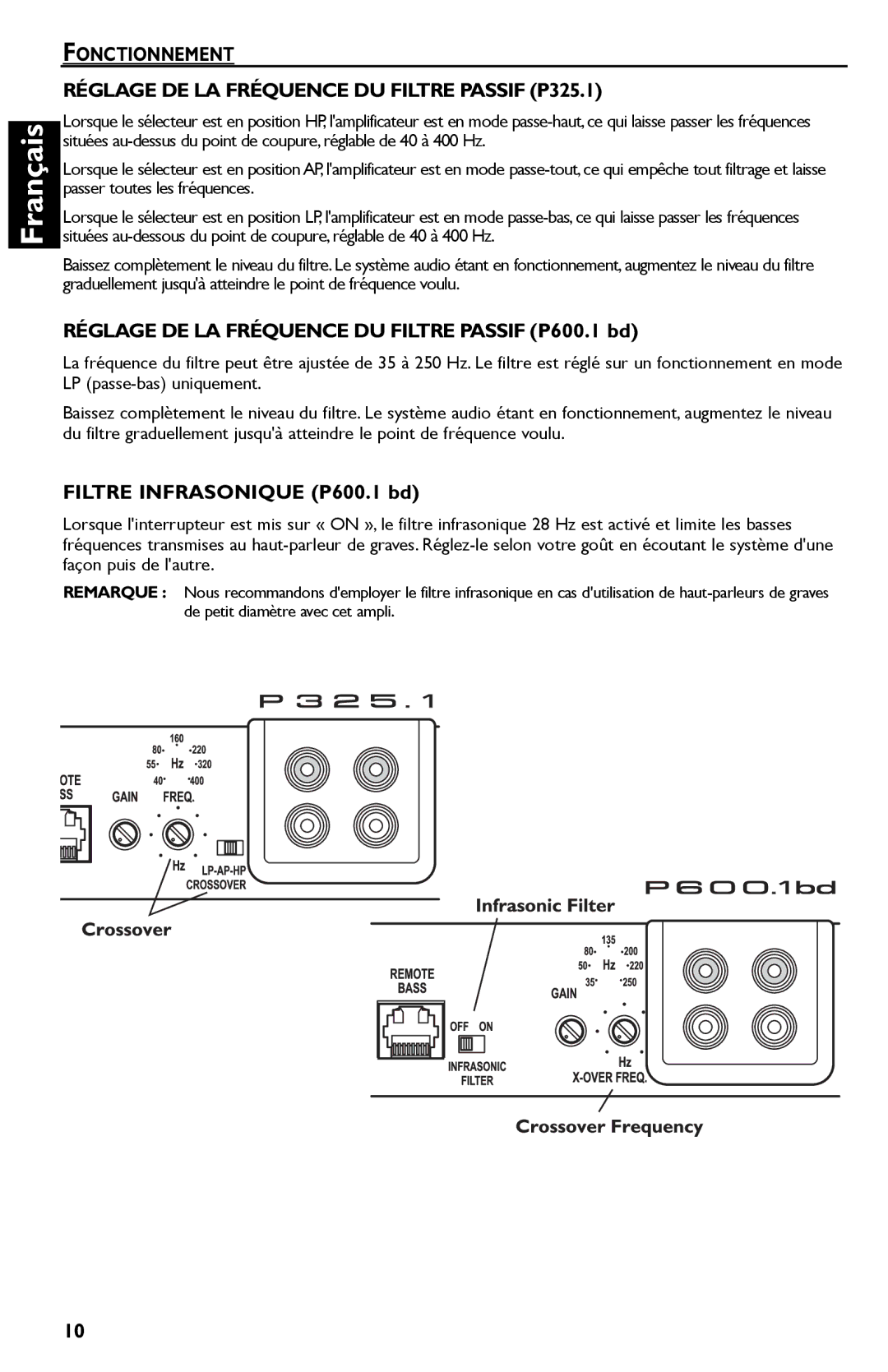 Rockford Fosgate P600..I bd, P325.I manual Réglage DE LA Fréquence DU Filtre Passif P600.1 bd, Filtre Infrasonique P600.1 bd 