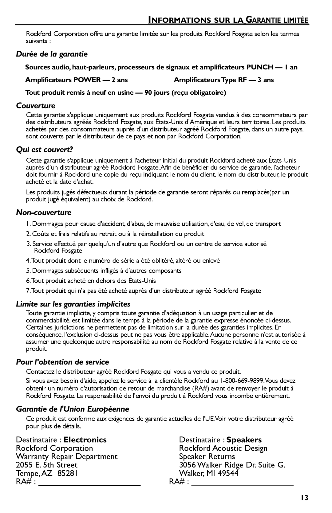 Rockford Fosgate P325.I, P600..I bd manual Durée de la garantie, Informations SUR LA Garantie Limitée 