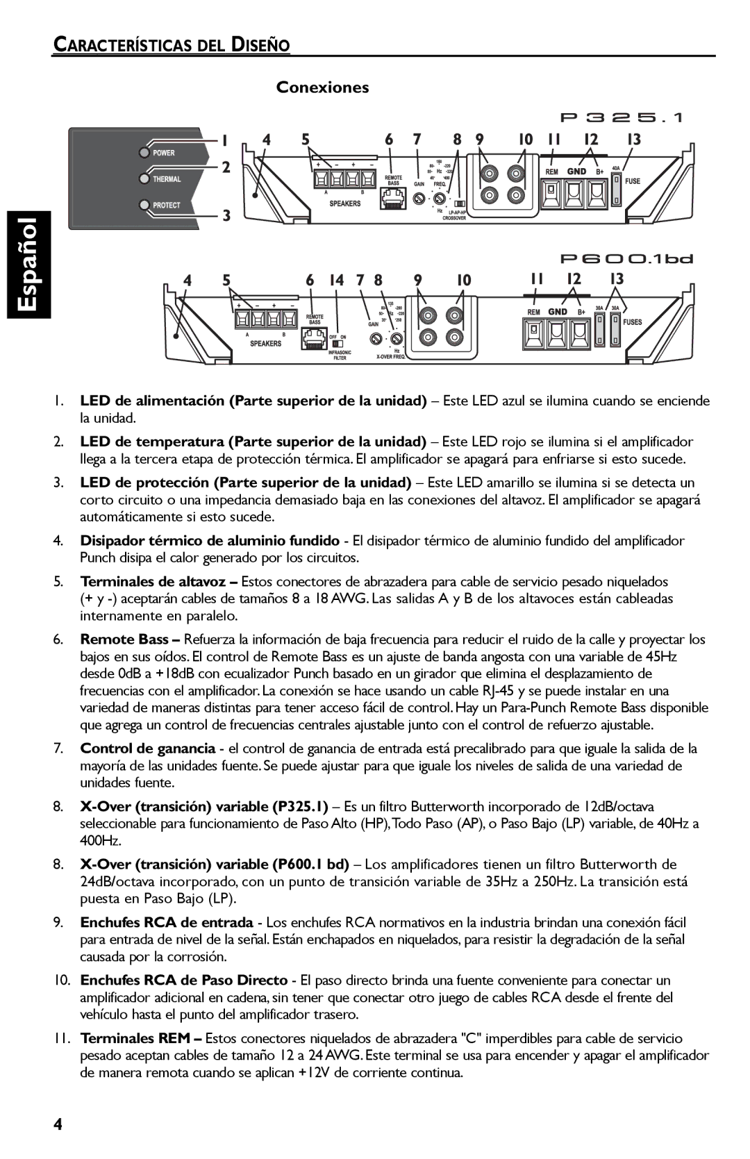 Rockford Fosgate P600..I bd, P325.I manual Características DEL Diseño, Conexiones 