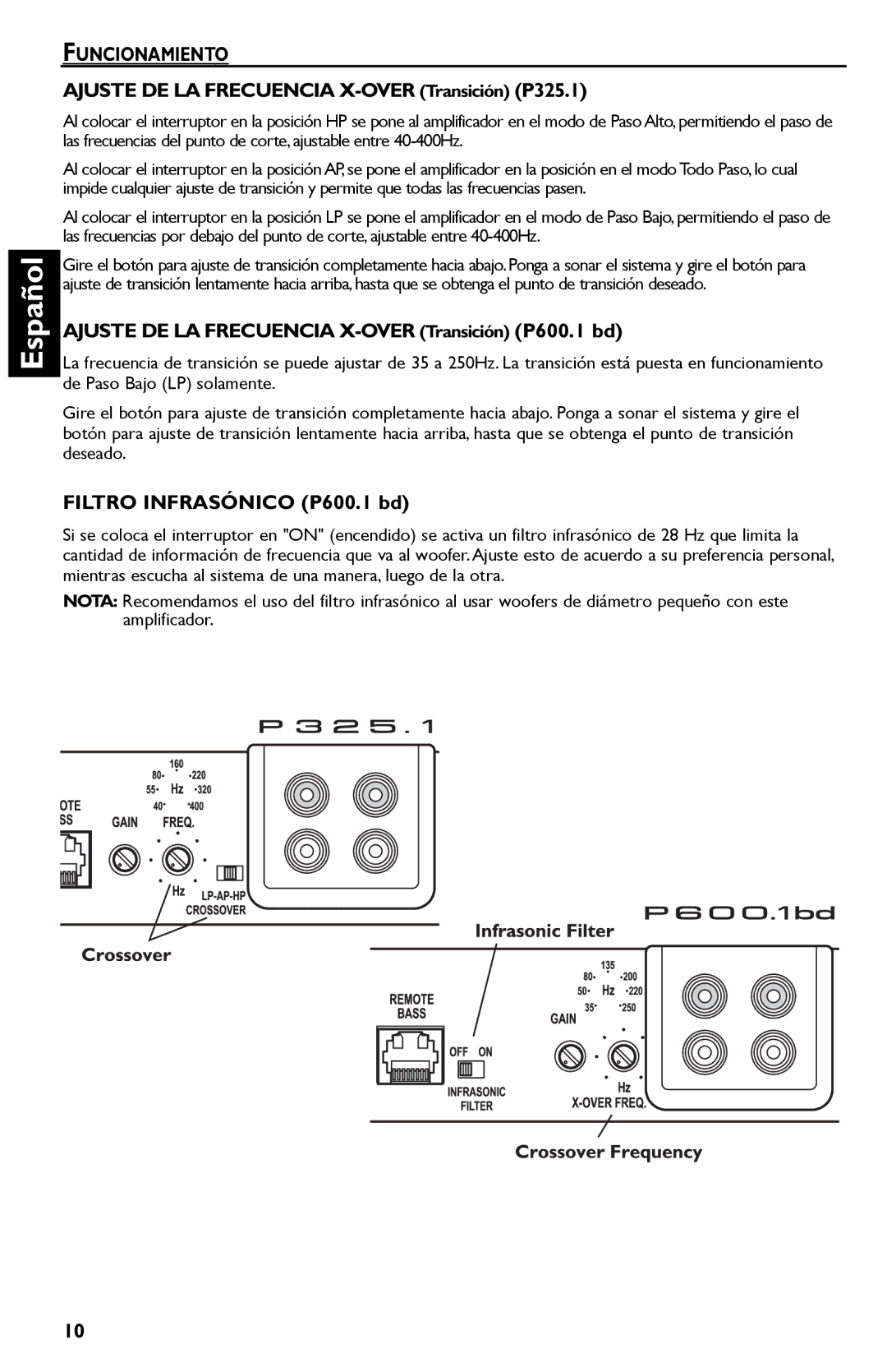 Rockford Fosgate P600..I bd, P325.I manual Ajuste DE LA Frecuencia X-OVER Transición P325.1, Filtro Infrasónico P600.1 bd 