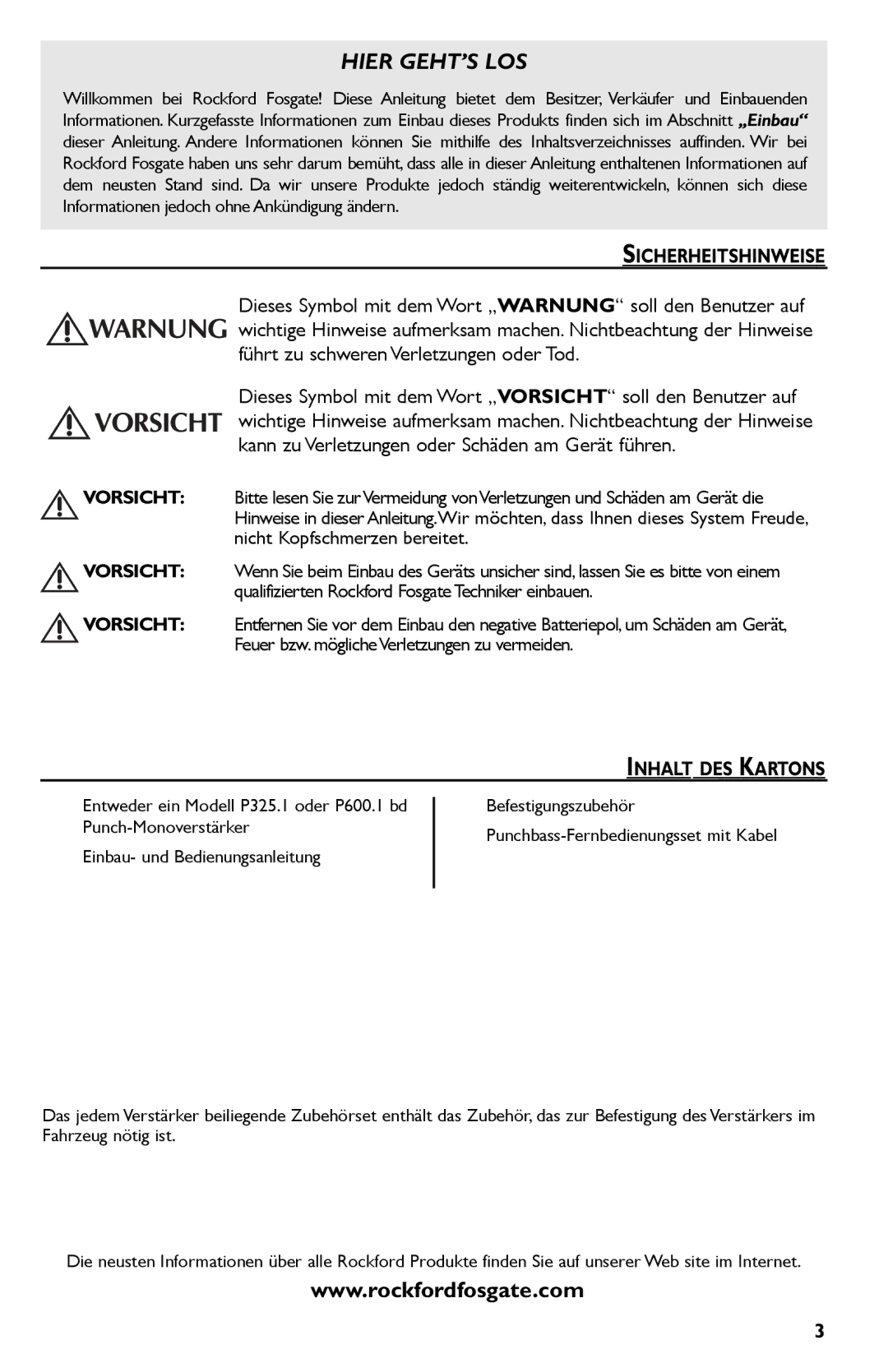 Rockford Fosgate P325.I, P600..I bd manual Sicherheitshinweise, Inhalt DES Kartons 