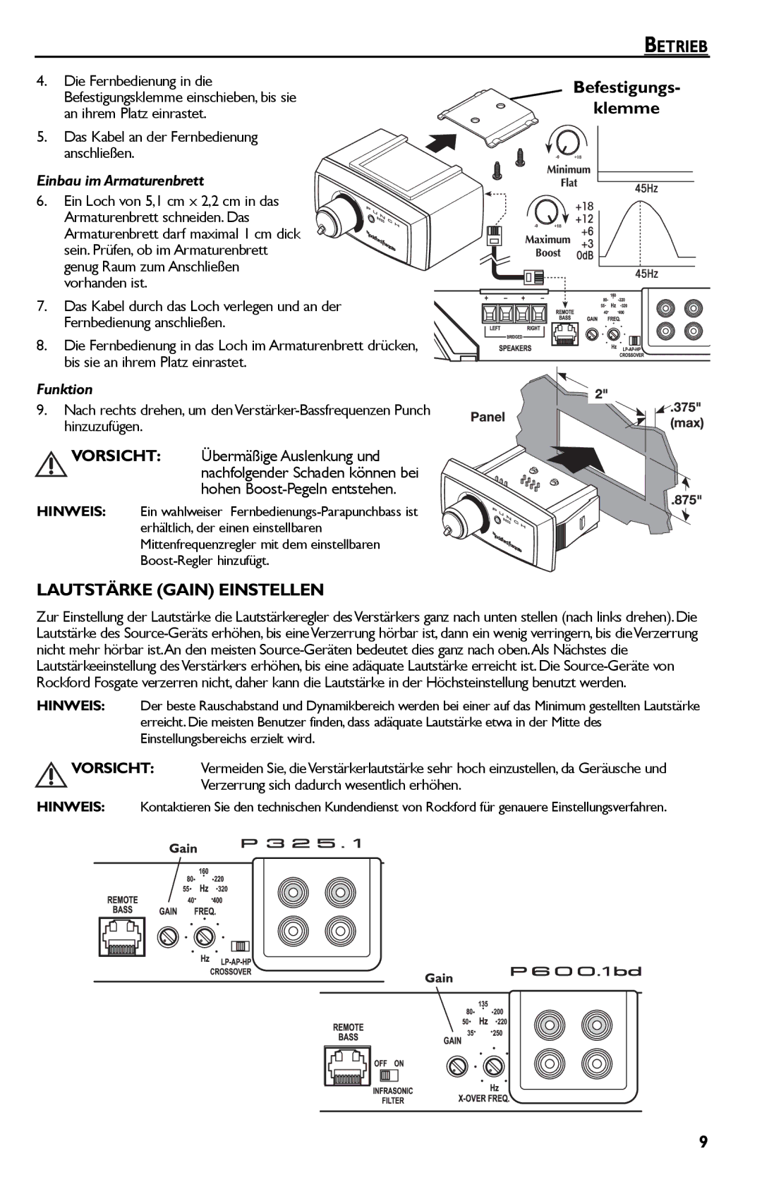 Rockford Fosgate P325.I manual Betrieb, Befestigungs Klemme, Lautstärke Gain Einstellen, Einbau im Armaturenbrett, Funktion 