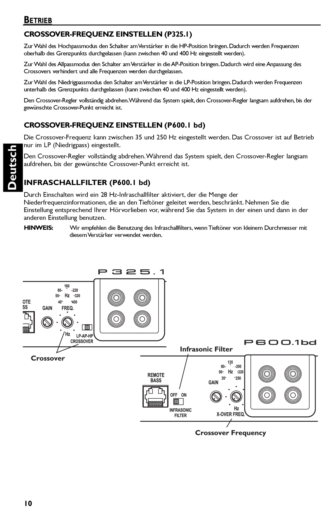 Rockford Fosgate P600..I bd, P325.I Betrieb CROSSOVER-FREQUENZ Einstellen P325.1, CROSSOVER-FREQUENZ Einstellen P600.1 bd 