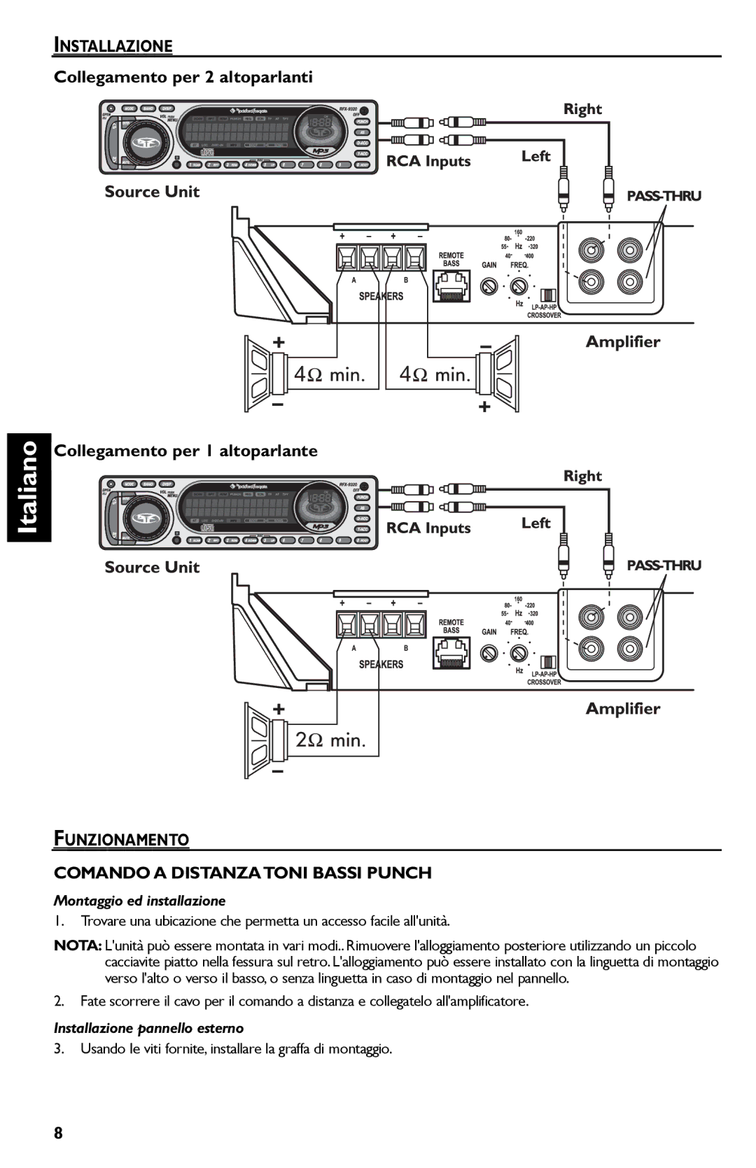 Rockford Fosgate P600..I bd, P325.I manual Funzionamento Comando a Distanzatoni Bassi Punch, Montaggio ed installazione 