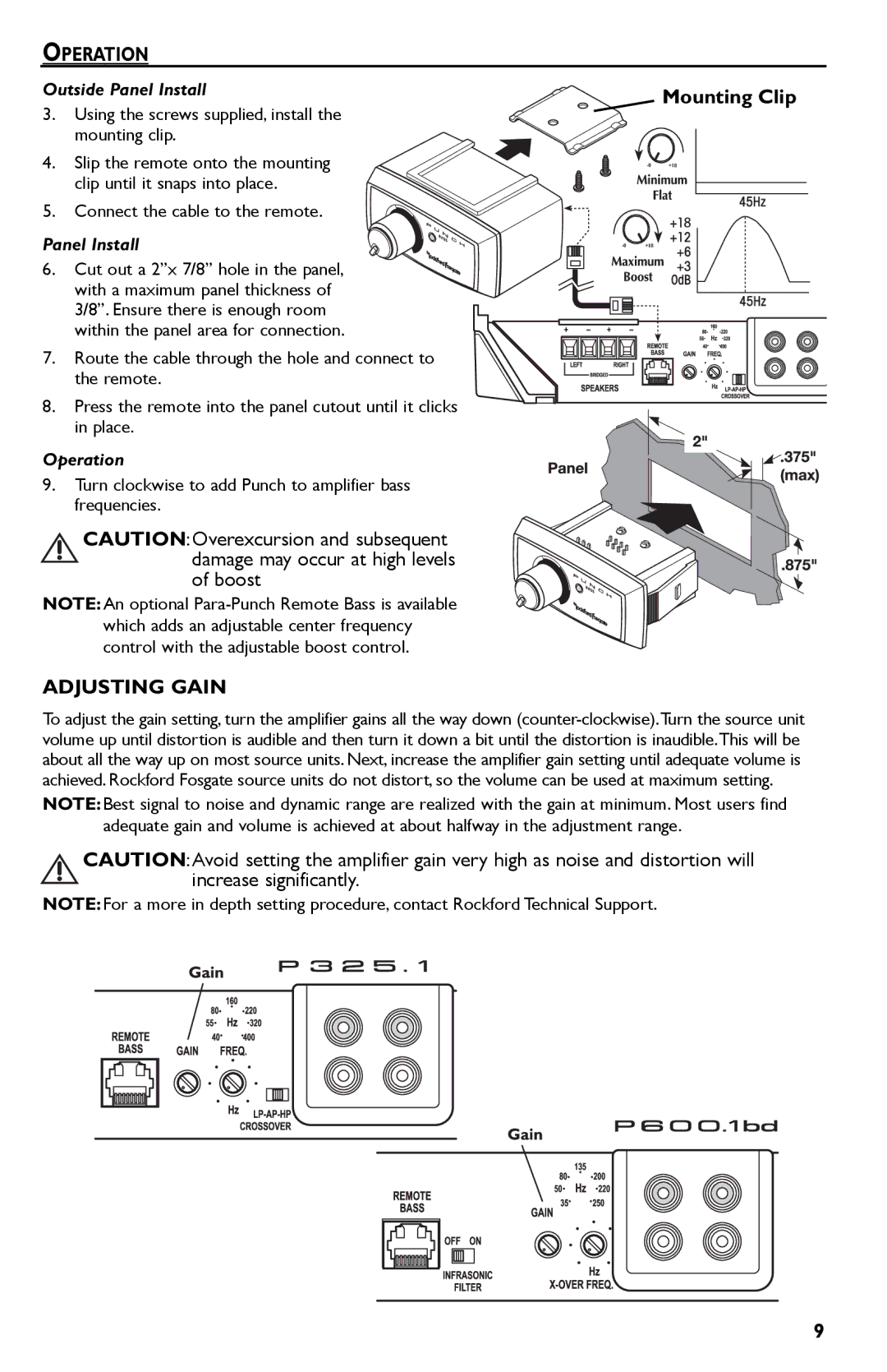 Rockford Fosgate P325.I, P600..I bd manual Operation, Adjusting Gain, Outside Panel Install 