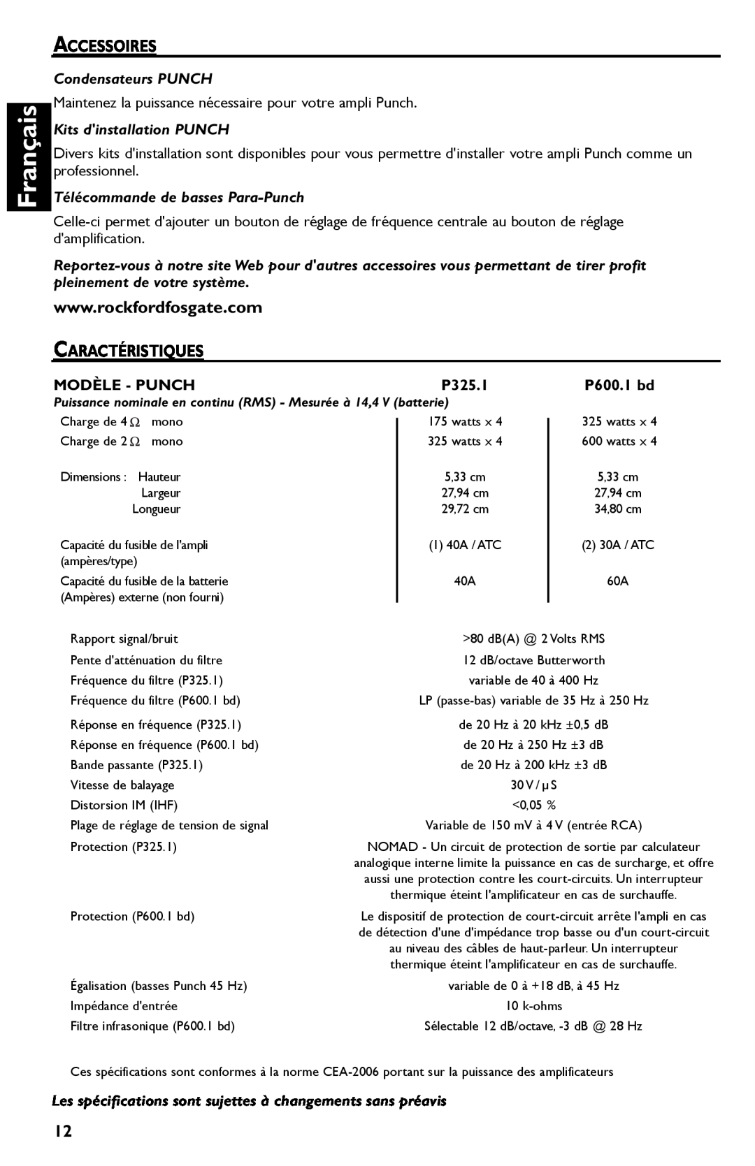 Rockford Fosgate P600..I bd, P325.I manual Français, Accessoires, Condensateurs PUNCH, Kits dinstallation PUNCH 
