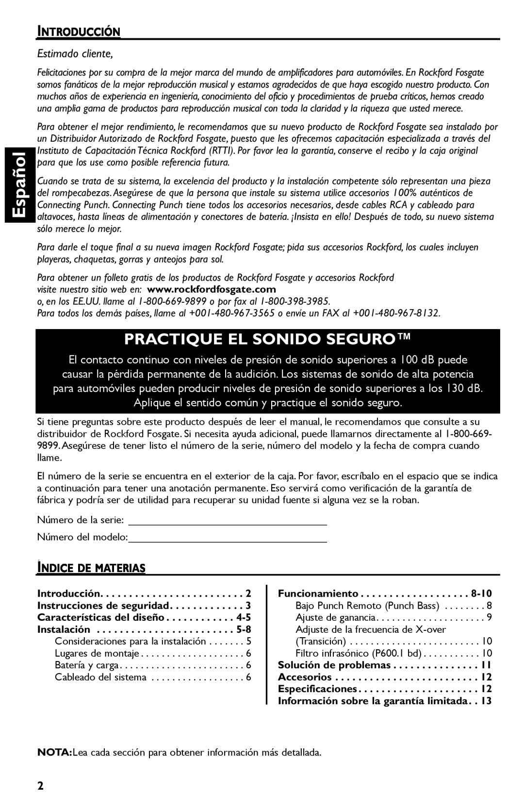 Rockford Fosgate P600..I bd manual Español, Practique El Sonido Seguro, Introducción, Estimado cliente, Índice De Materias 