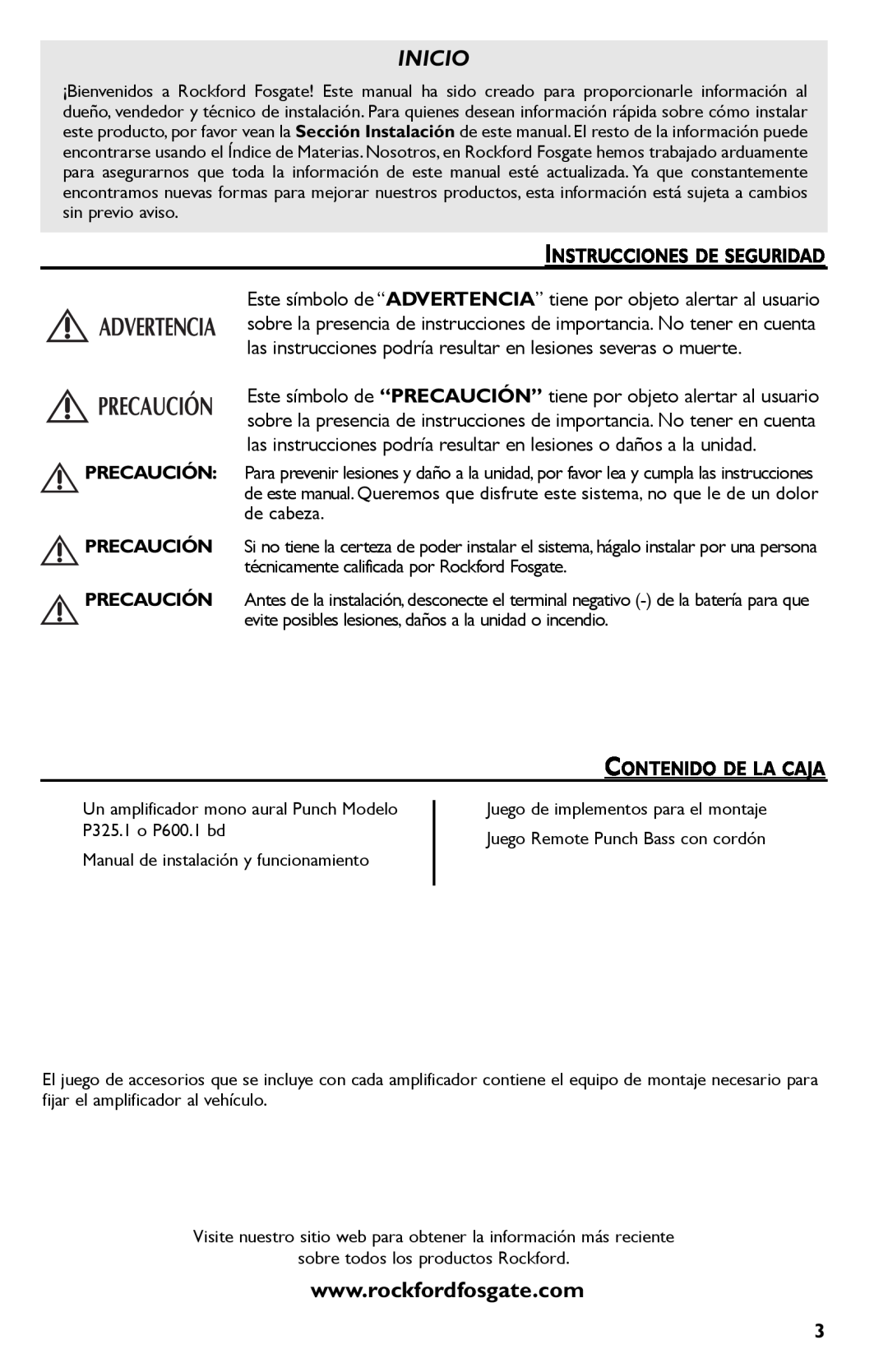 Rockford Fosgate P325.I, P600..I bd manual Inicio, Instrucciones De Seguridad, Contenido De La Caja 