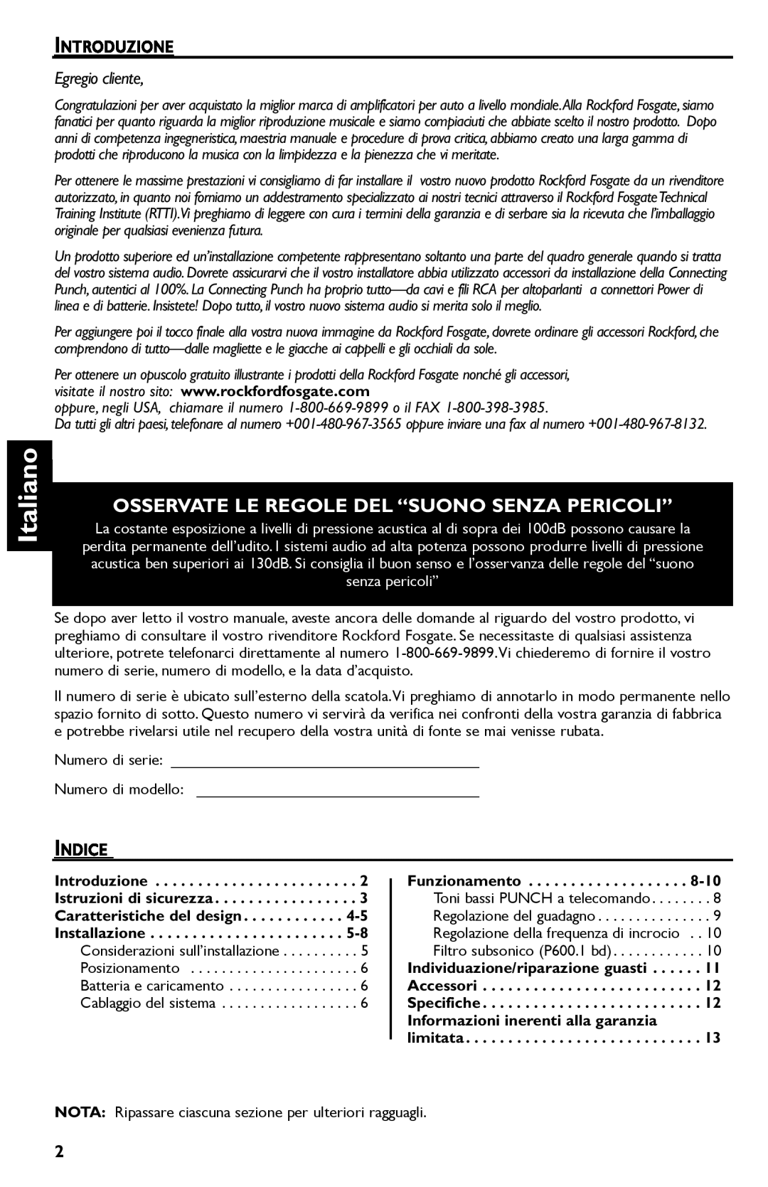 Rockford Fosgate P600..I bd manual Italiano, Osservate Le Regole Del “Suono Senza Pericoli”, Introduzione, Egregio cliente 