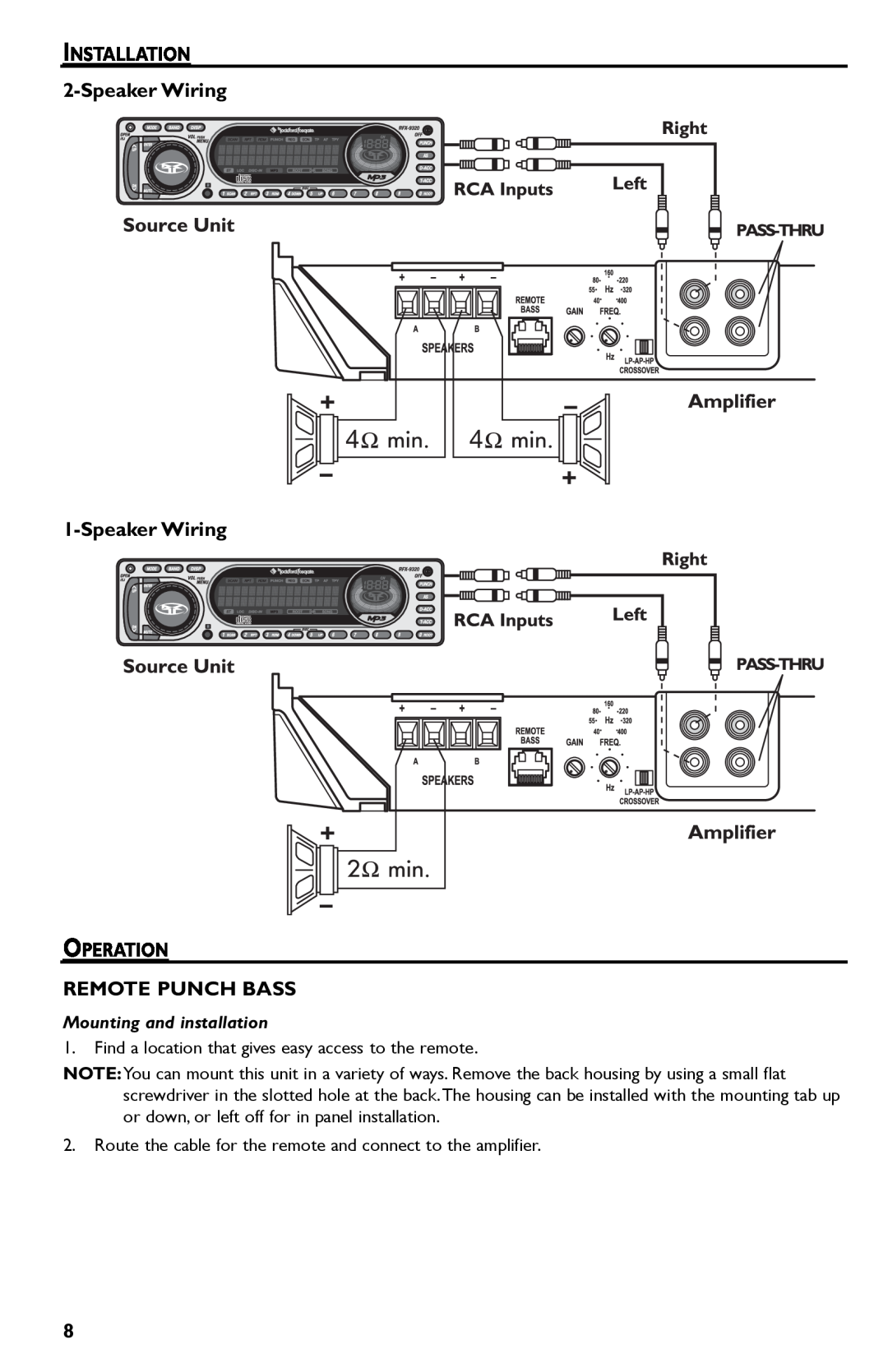 Rockford Fosgate P600..I bd, P325.I manual INSTALLATION 2-SpeakerWiring 1-SpeakerWiring, Operation Remote Punch Bass 