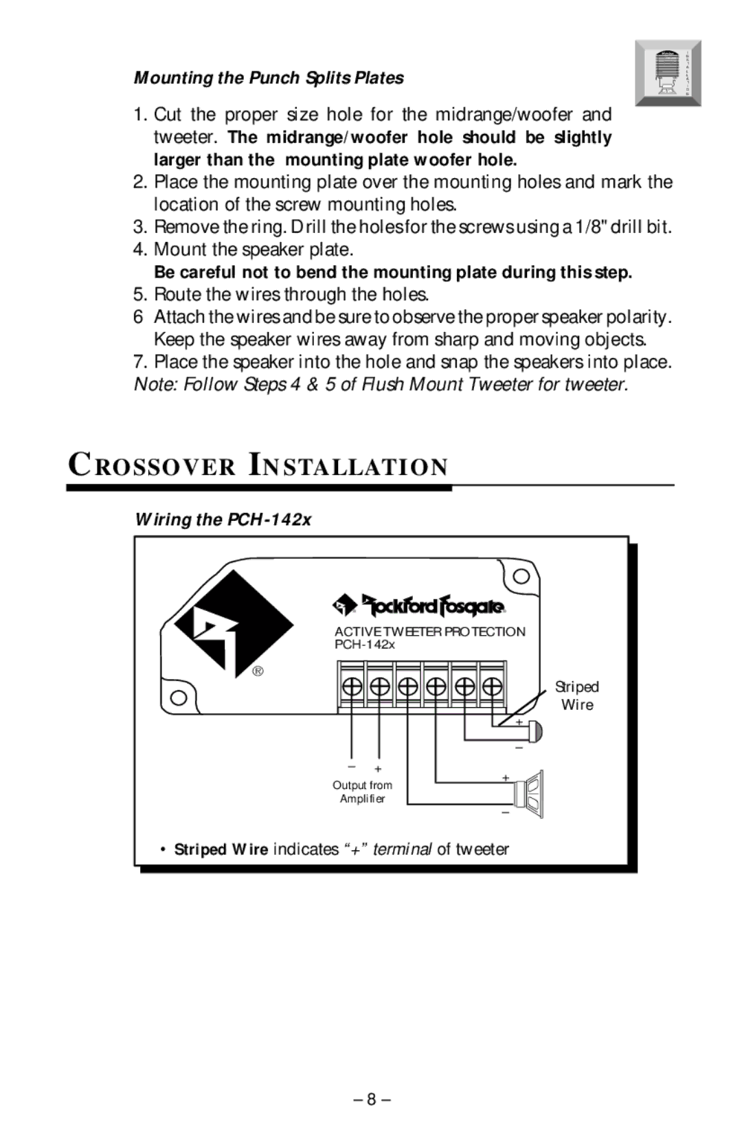 Rockford Fosgate PCH-514, PCH-414, PCH-614 Crossover Installation, Mounting the Punch Splits Plates, Wiring the PCH-142x 