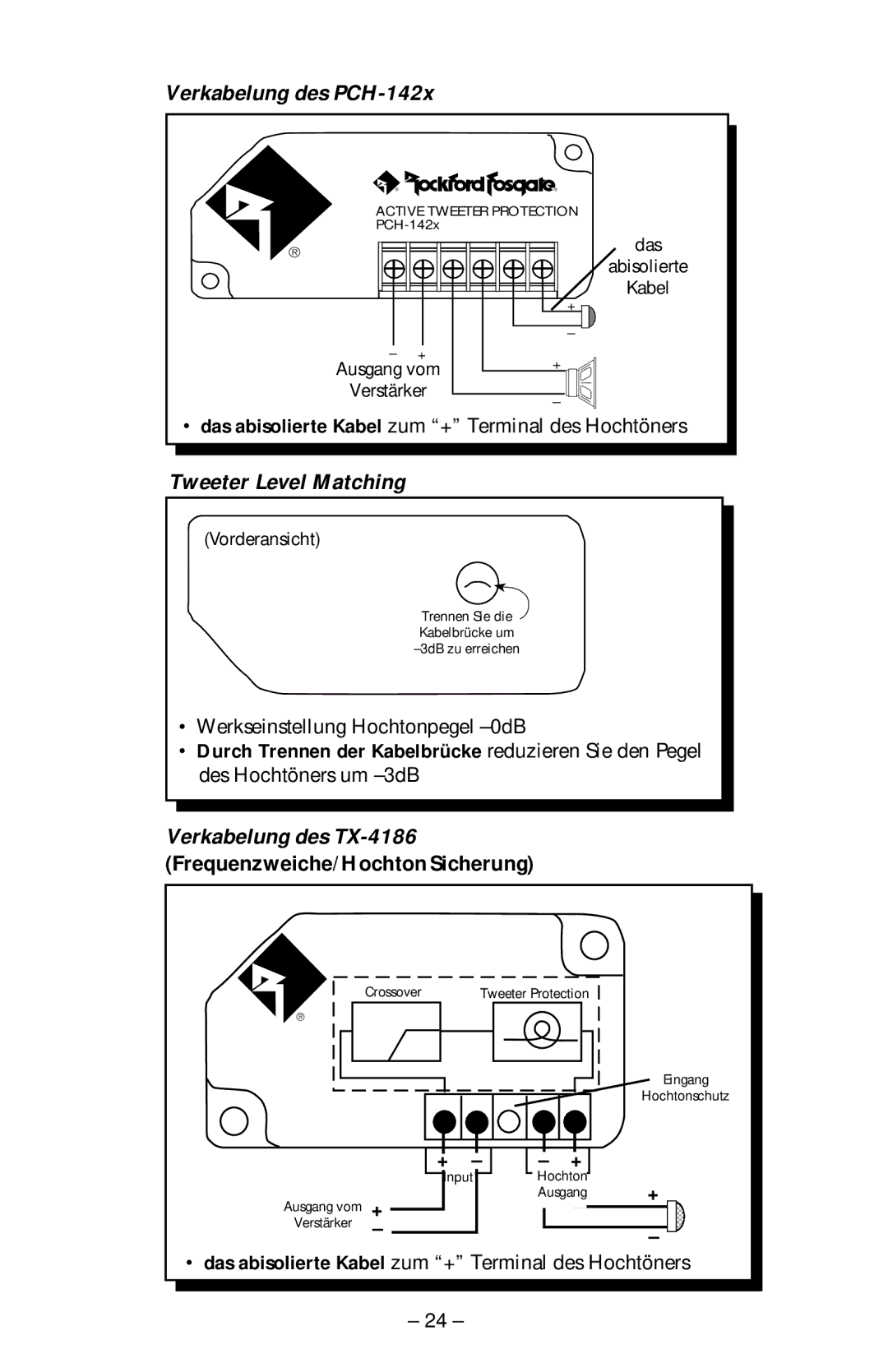 Rockford Fosgate PCH-614, PCH-414 manual Verkabelung des PCH-142x, Verkabelung des TX-4186 Frequenzweiche/Hochton Sicherung 